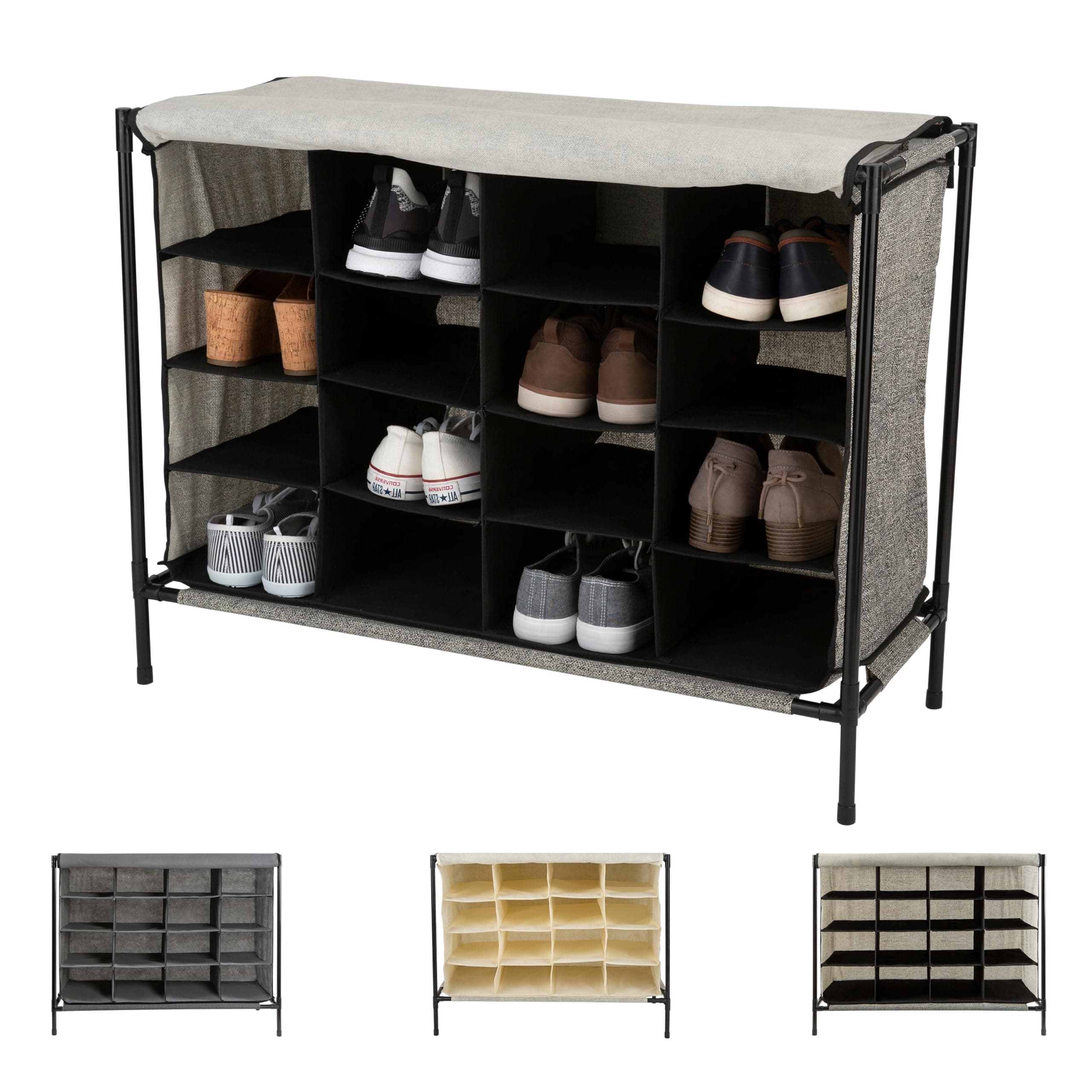 Simplify 16 Pair Shoe Rack with Cover | Stackable | Storage & Organization | Closet | Bedroom | Entryway | Black