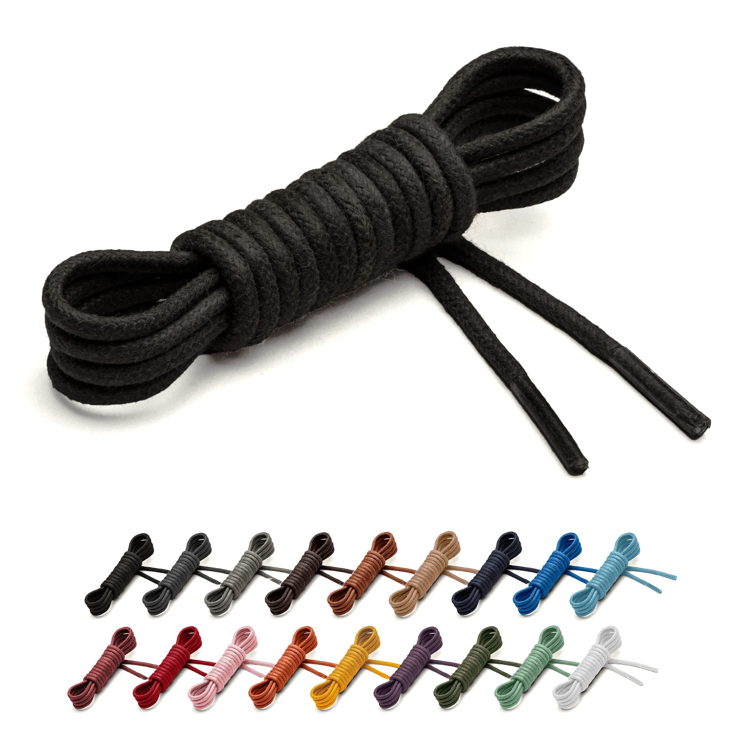 Round Waxed Cotton Shoe Laces - 2mm (5/64”) Width - 27”, 30”, 33”, 36” & 39" - Available in 18 Colors