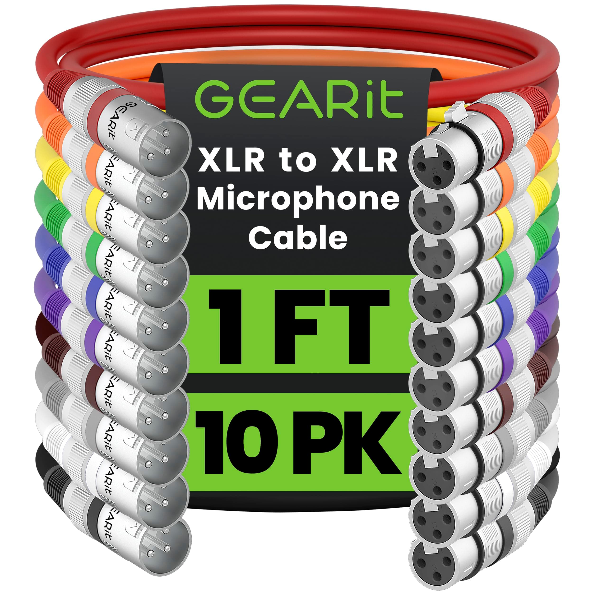 GearIT XLR Microphone Cable - 10 Pack (1 Feet, Multi Colored, 1Ft) - 3-Pin Balanced Shielded XLR Male to Female Mic Cable for Mic Mixer, Recording Studio, Podcast