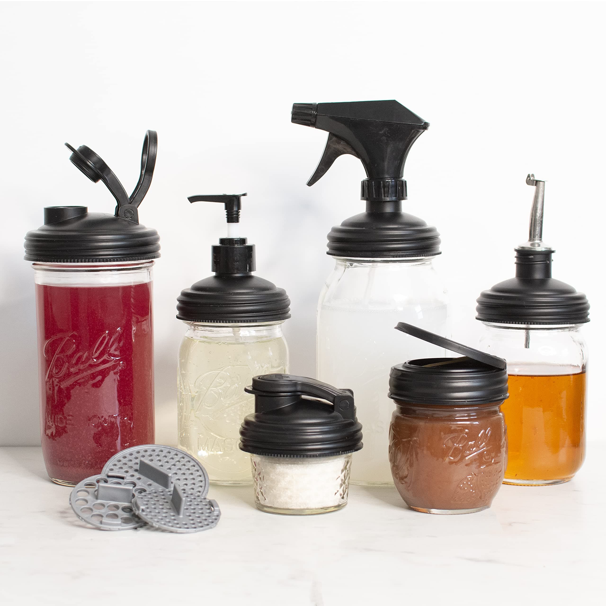 reCAPZero Waste Kit for Mason Jars - BLACK/PLUS | Made in the USA | Leak-proof | No-break material