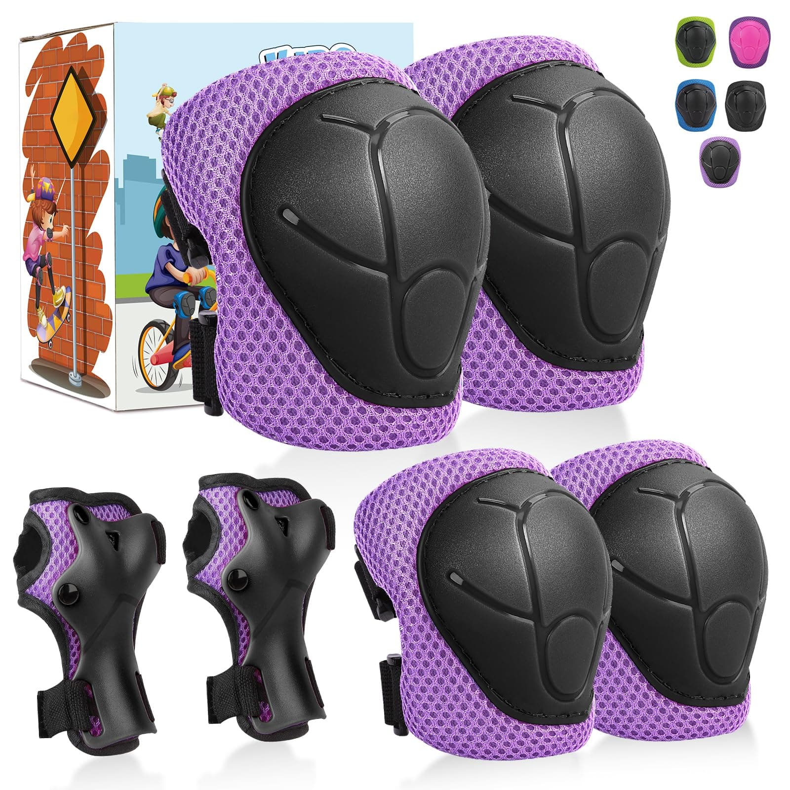SAMIT Knee Pads for Kids 3-14 Years Boys Girls Protective Gear Set Toddler Knee and Elbow Pads with Wrist Guards 6 in 1 Safety Gear Set for Skating Cycling Bike Rollerblading Scooter Roller Skates