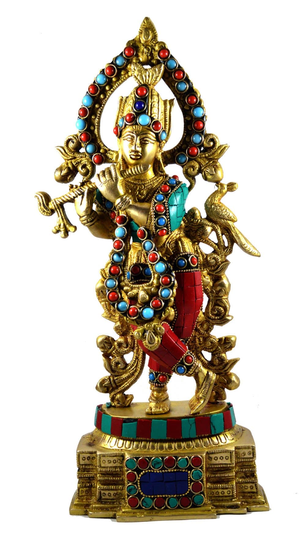 Craftuno Brass Lord Krishna Statue Embedded With Semi Precious Stone
