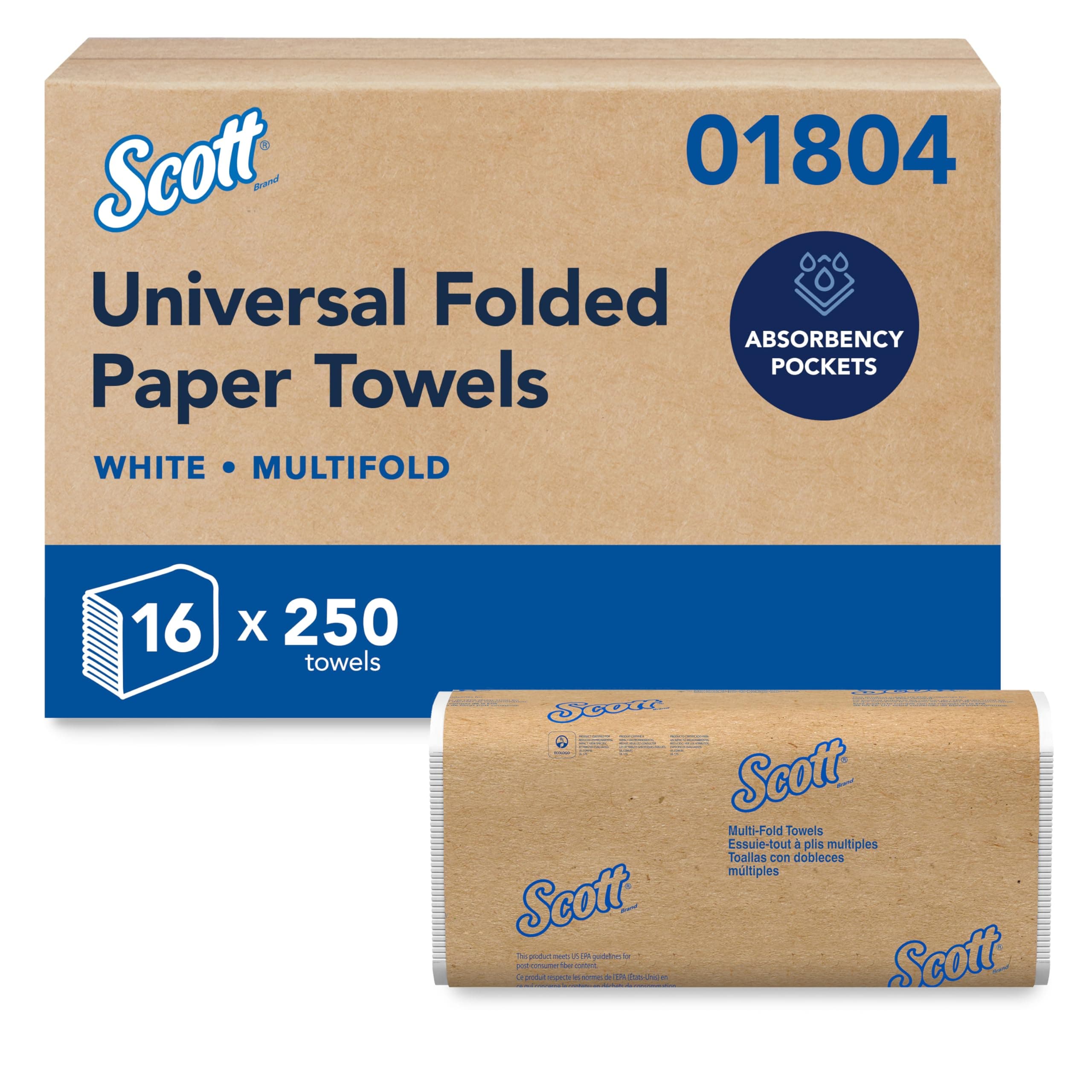 Scott® Universal Multifold Paper Towels, Bulk (01804), with Absorbency Pockets™, 9.2" x 9.4" sheets, Compressed Pack, White (250 Sheets/Pack, 16 Packs/Case, 4,000 Sheets/Case)