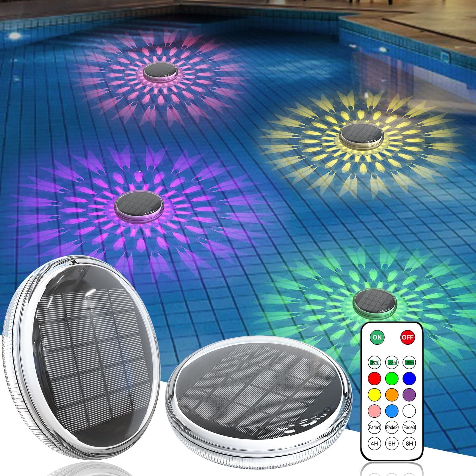 Solar Rechargeable Floating Pool Lights(2 Pack), Pool Lights That Float with Remote Control, 9 Lighting, Timing Mode, IPX7 Waterproof for Inground Pool, Bathroom, Bathtub, Pool Party