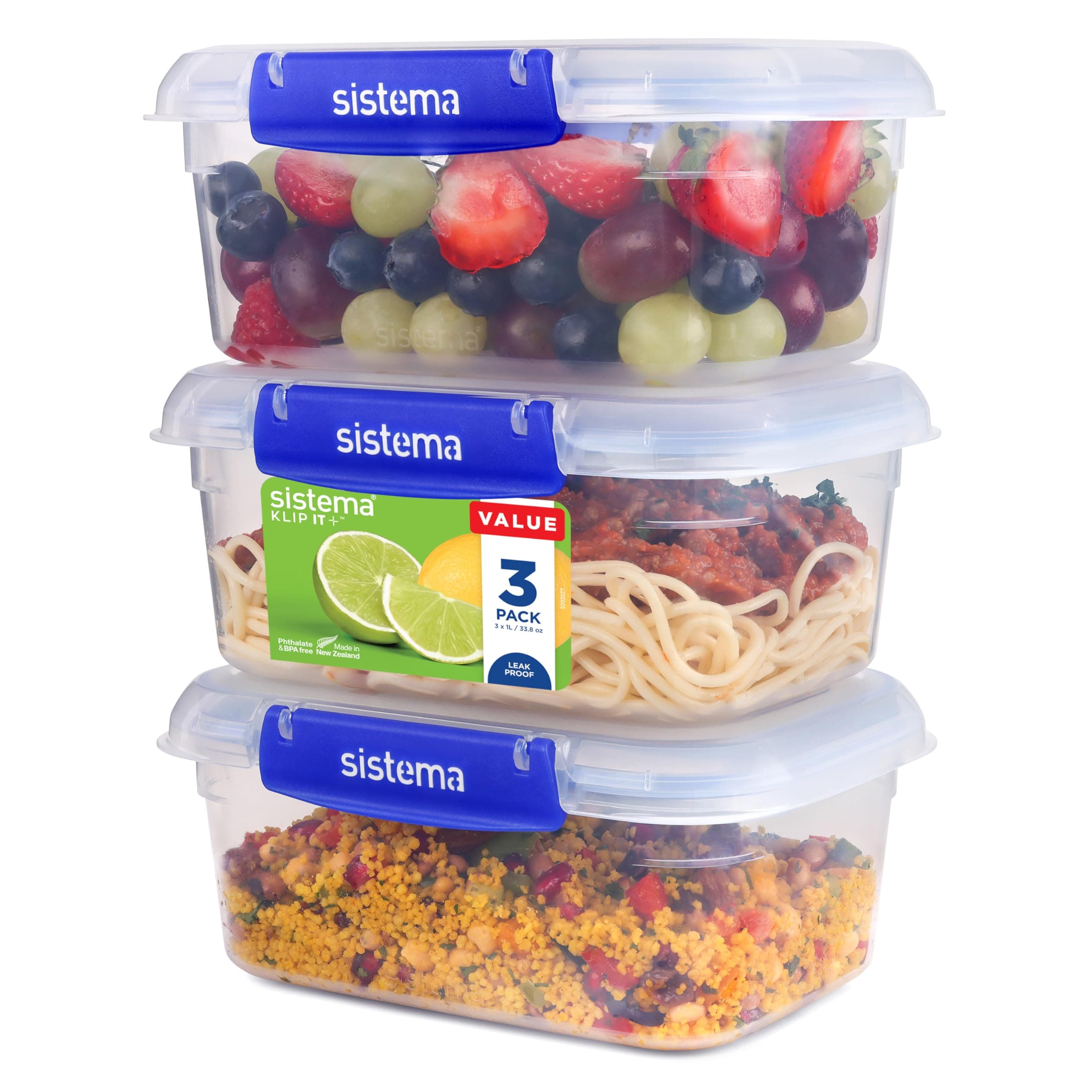 Sistema - 1 Litre Rectangle Klip It Plus Stackable Storage Container - 3 Pack