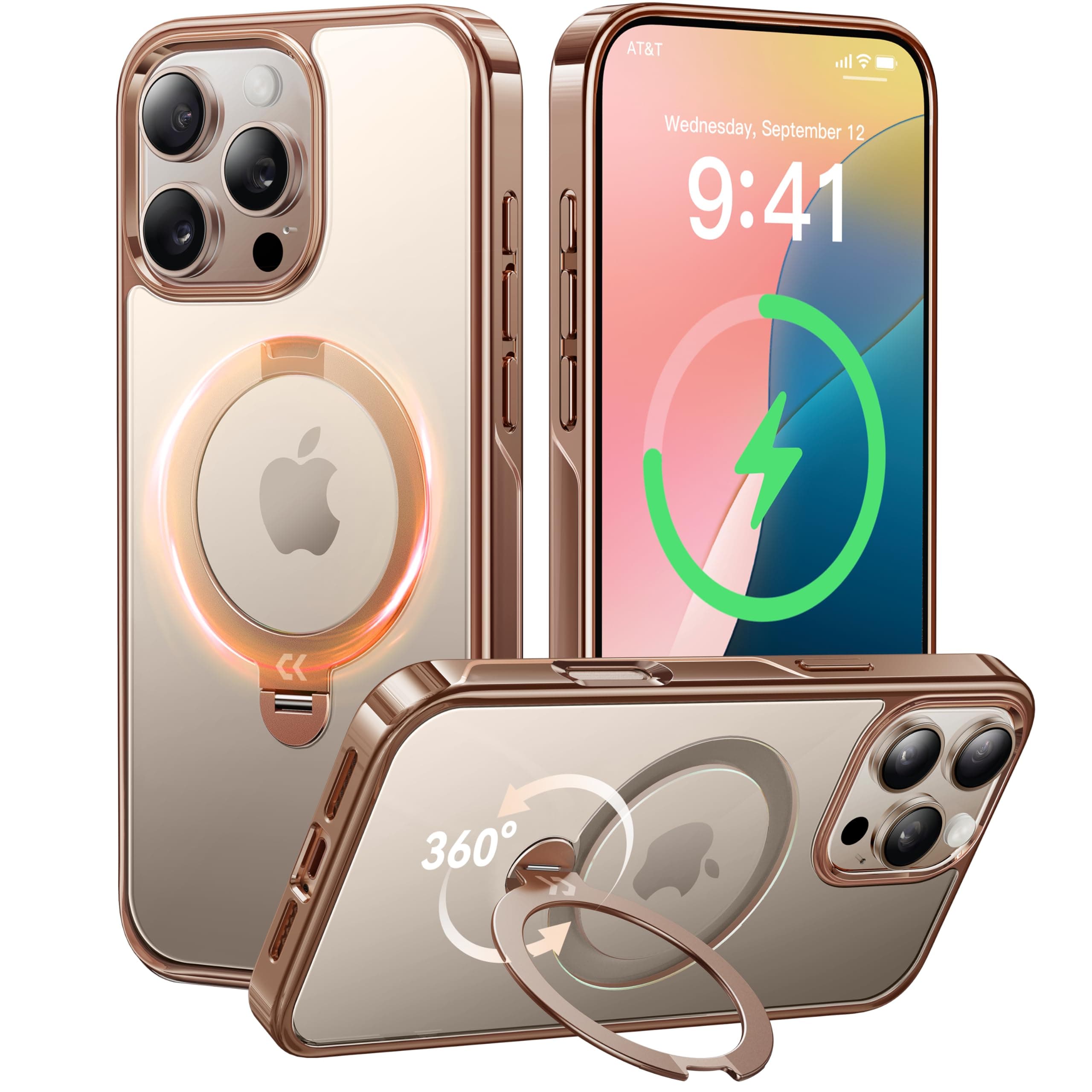 360 Spin Magnetic Stand for iPhone 16 Pro Max Case Desert Titanium [Compatible with Magsafe][16FT Military Protection] Slim Hand-Polished Frame Titanium Alloy Sturdy Stand 6.9", Rose Gold