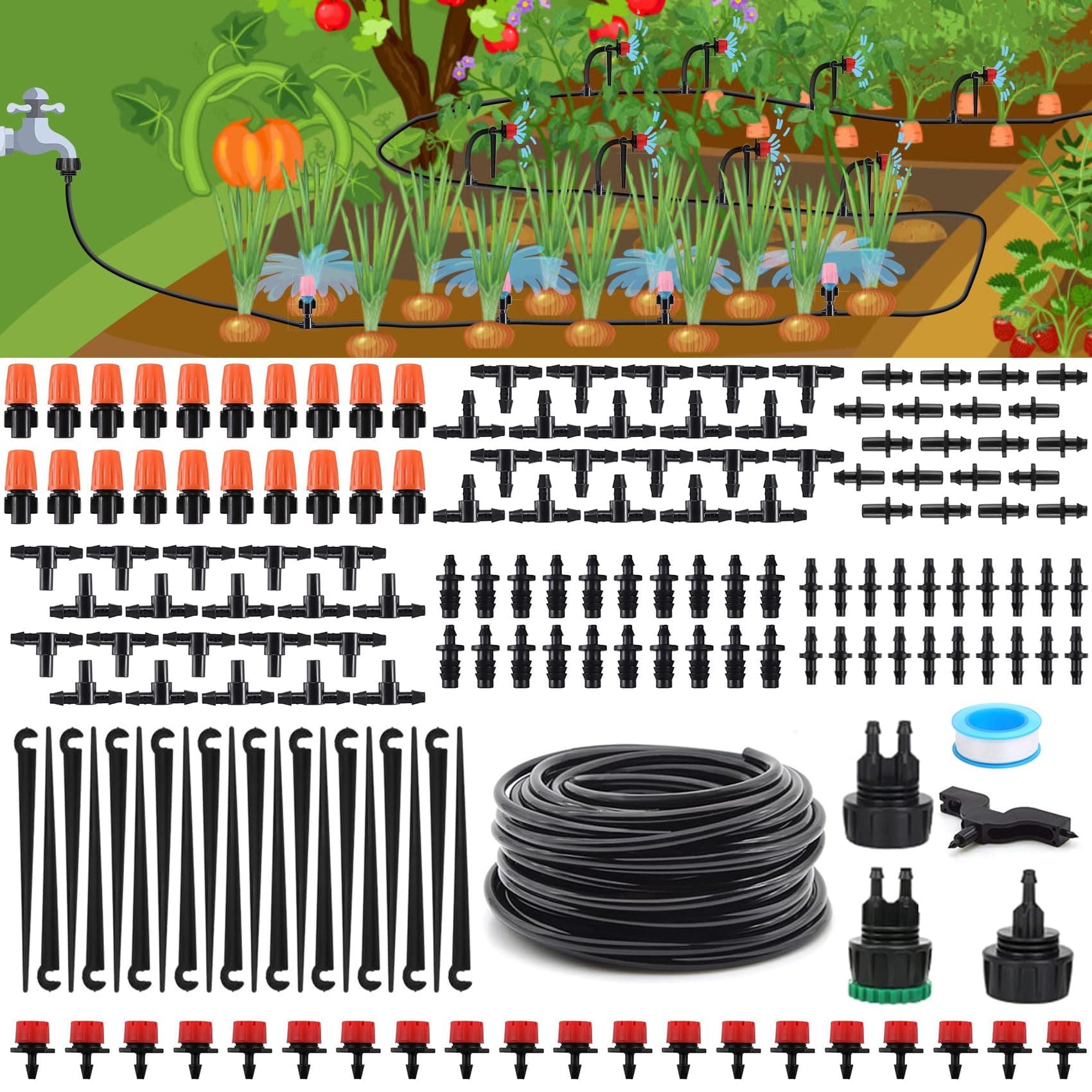 Drip Irrigation Kit, Drip Irrigation System for Garden with 1/4" Irrigation Tubing DIY Saving Water Automatic Watering System for Garden, Greenhouse, Flower Bed, Patio, Lawn