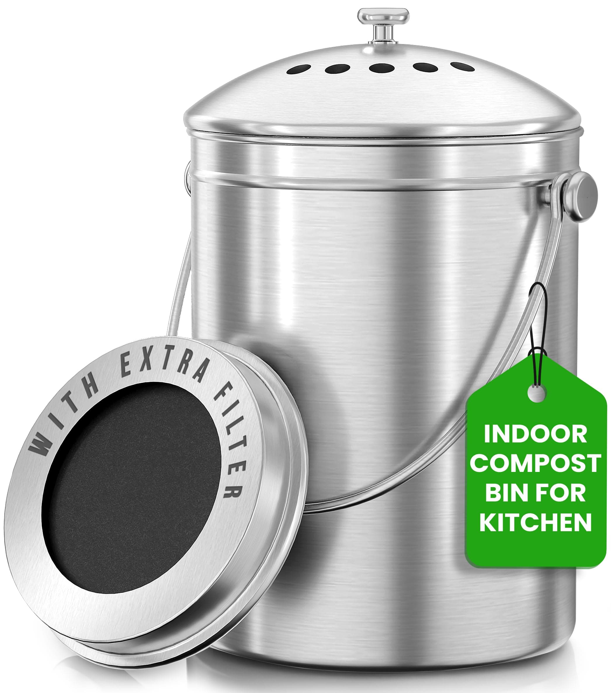 Utopia Countertop Compost Bin Kitchen with Charcoal Filter- 1.3gallon Stainless Steel Kitchen Compost Bin Countertop- Small Kitchen Composter Under The Sink Trash Can