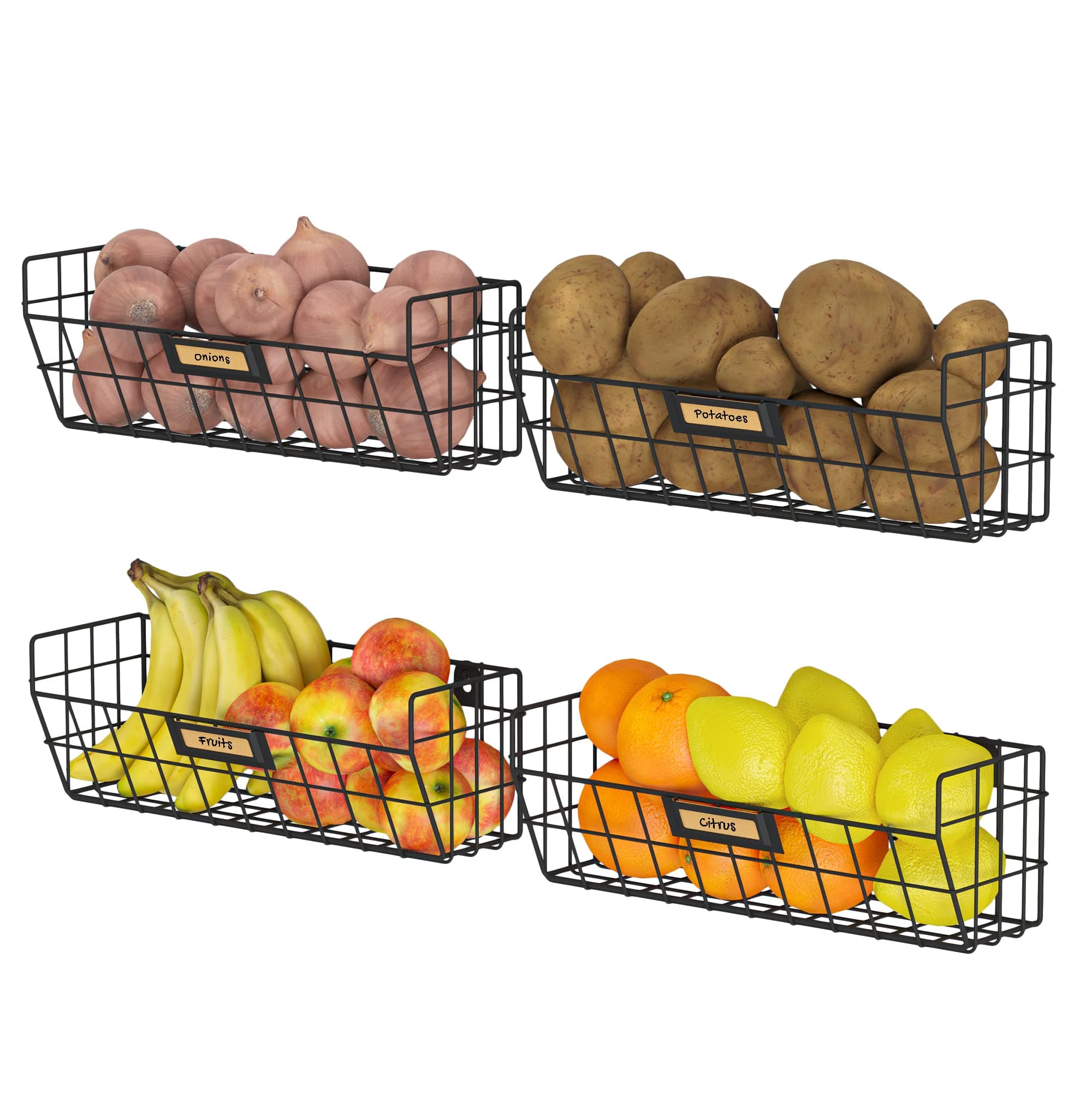 Wall35 Macon Wall Mounted Metal Wire Baskets for Kitchen Organization and Storage, Hanging Fruit Basket Set of 4 Black