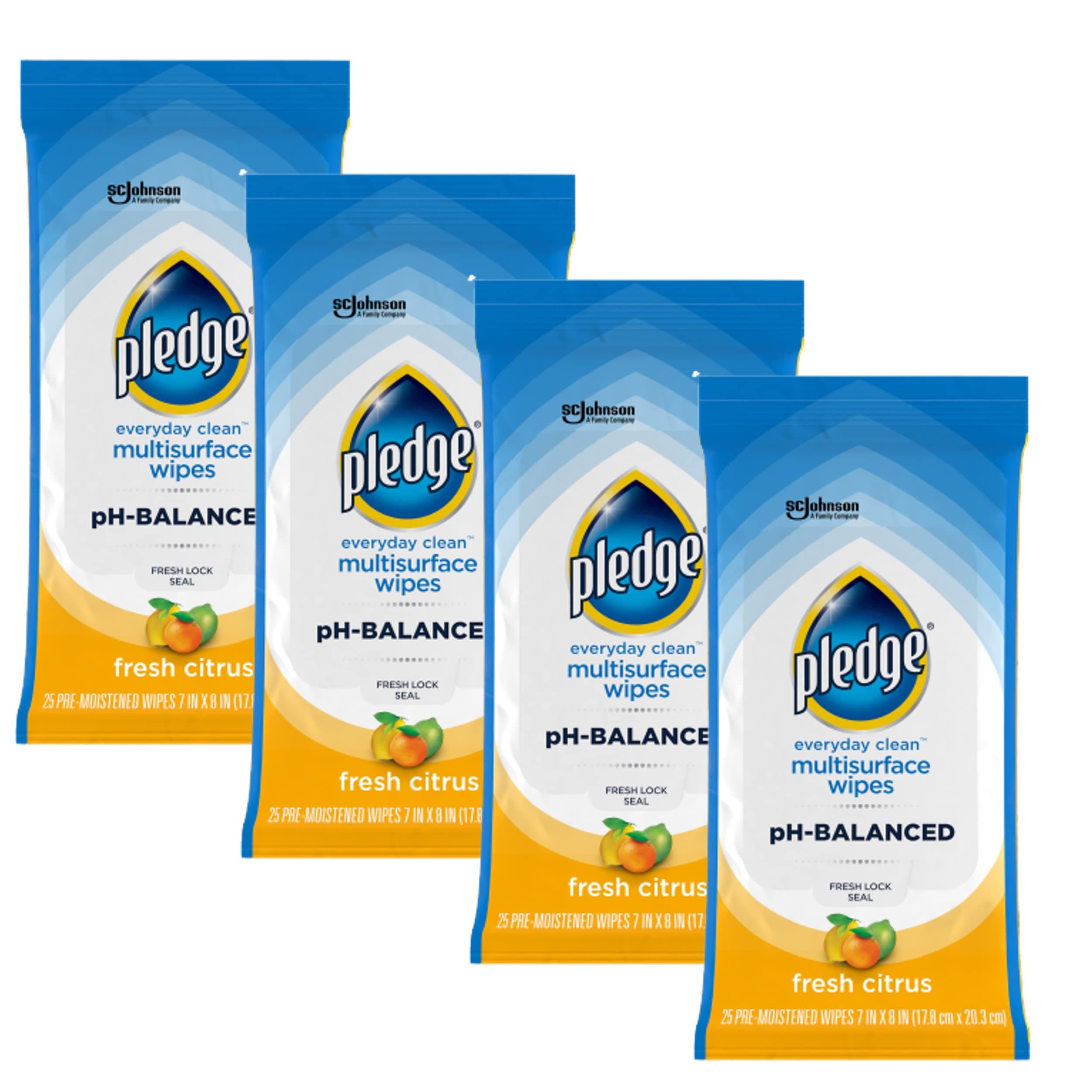 Multisurface Cleaning Wipes, pH Balanced, Fresh Citrus, 25 Count (Pack of 4, 100 Total Wipes)