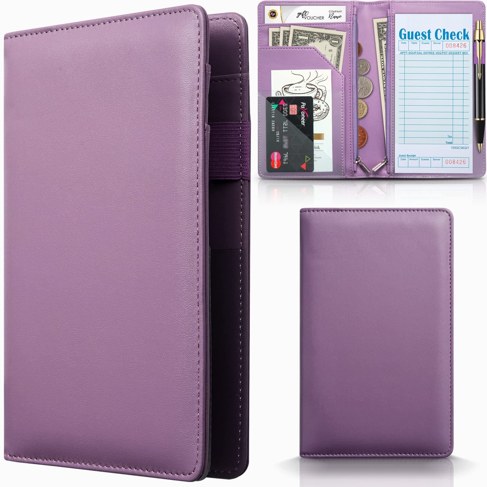 Server Book with 2 Zipper Pockets, Leather Server Books for Waitress, Waiter Book, Sturdy Waitress Book with Money Pocket and Zipper, Servers Book Serving Waitress Accessories Fit Server Apron, Purple