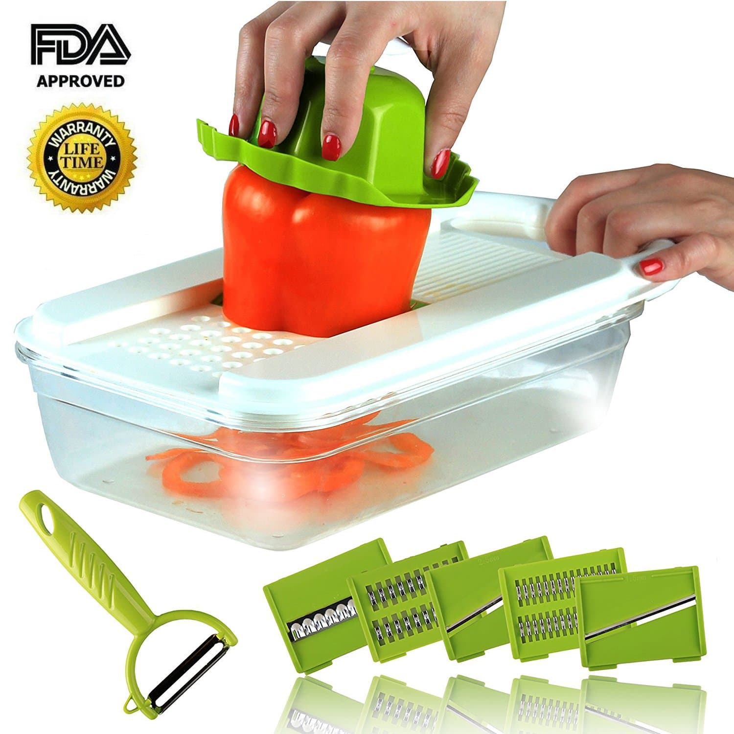 Okwish Mandolin Vegetable Slicer, 5 in 1 Multi-function Kitchen Grater Food Peeler Fruit Chopper, Potato Cucumber Onion and Cheese Slicer with 5 Interchangeable Stainless Steel Blades and Food Container