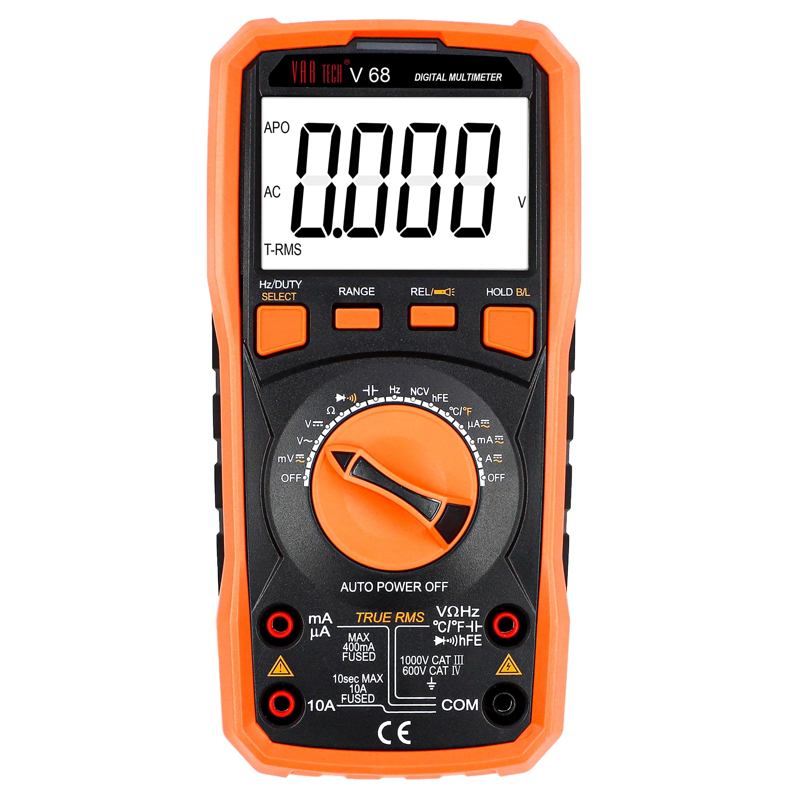 - Auto ranging Digital multimeter V 68 True RMS, 4000 Counts, 1000 V AC 750 V DC 10 A AC DC, Transistor Frequency Continuity Capacitance Temperature test with NCV and double fuse protection