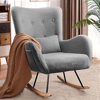 Waleaf Teddy Upholstered Rocking Chair Indoor with High Backrest Glider, Padded Seat Nursing Chair Comfy for Bedroom (Gray)