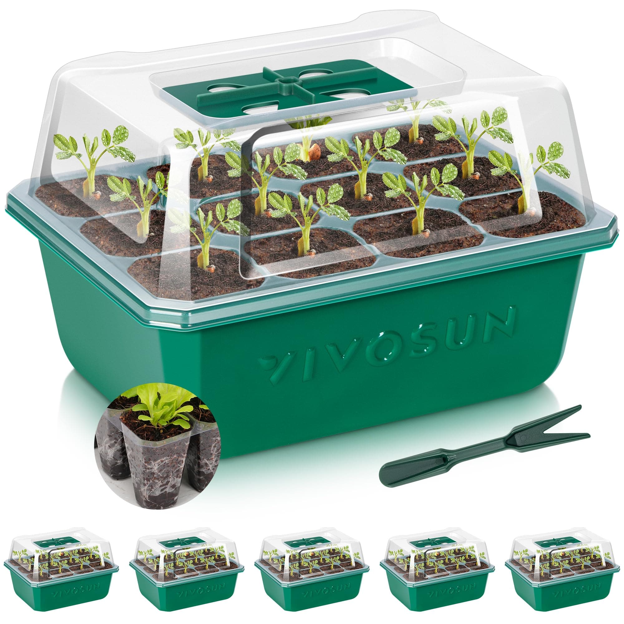 6-Pack Seed Starter Trays, 72-Cell Seed Starter Kit with Humidity Dome, Flat Reusable Plant Germination Trays with Drain Hole, Green Propagation Tray for Planting Seeds