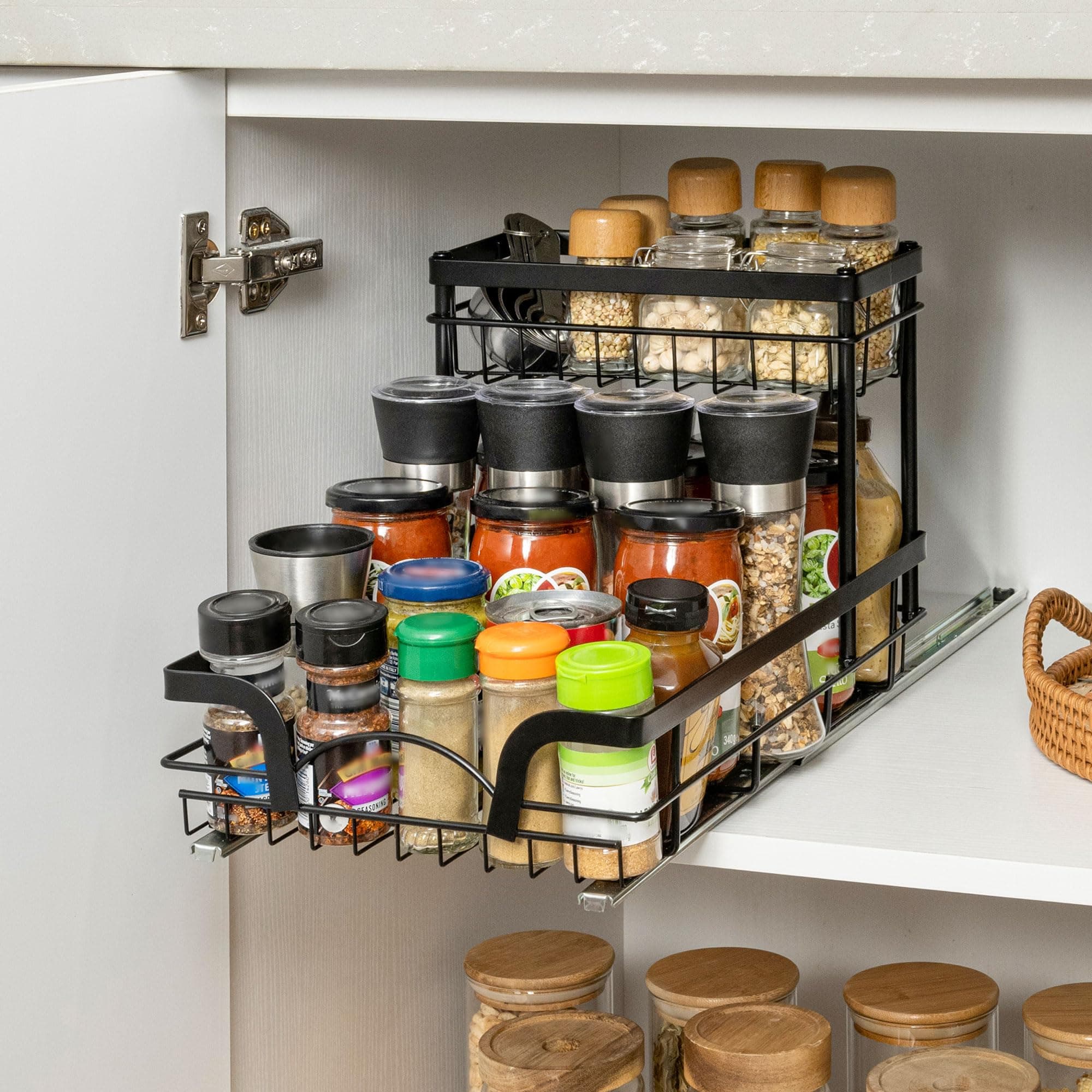 StorageWorks Pull Out Cabinet Organizer, Slide Out Storage Basket and Storage Rack, 2-Tier Slide Out Cabinet Drawers for Pantry, Kitchen, Black, 1-Pack