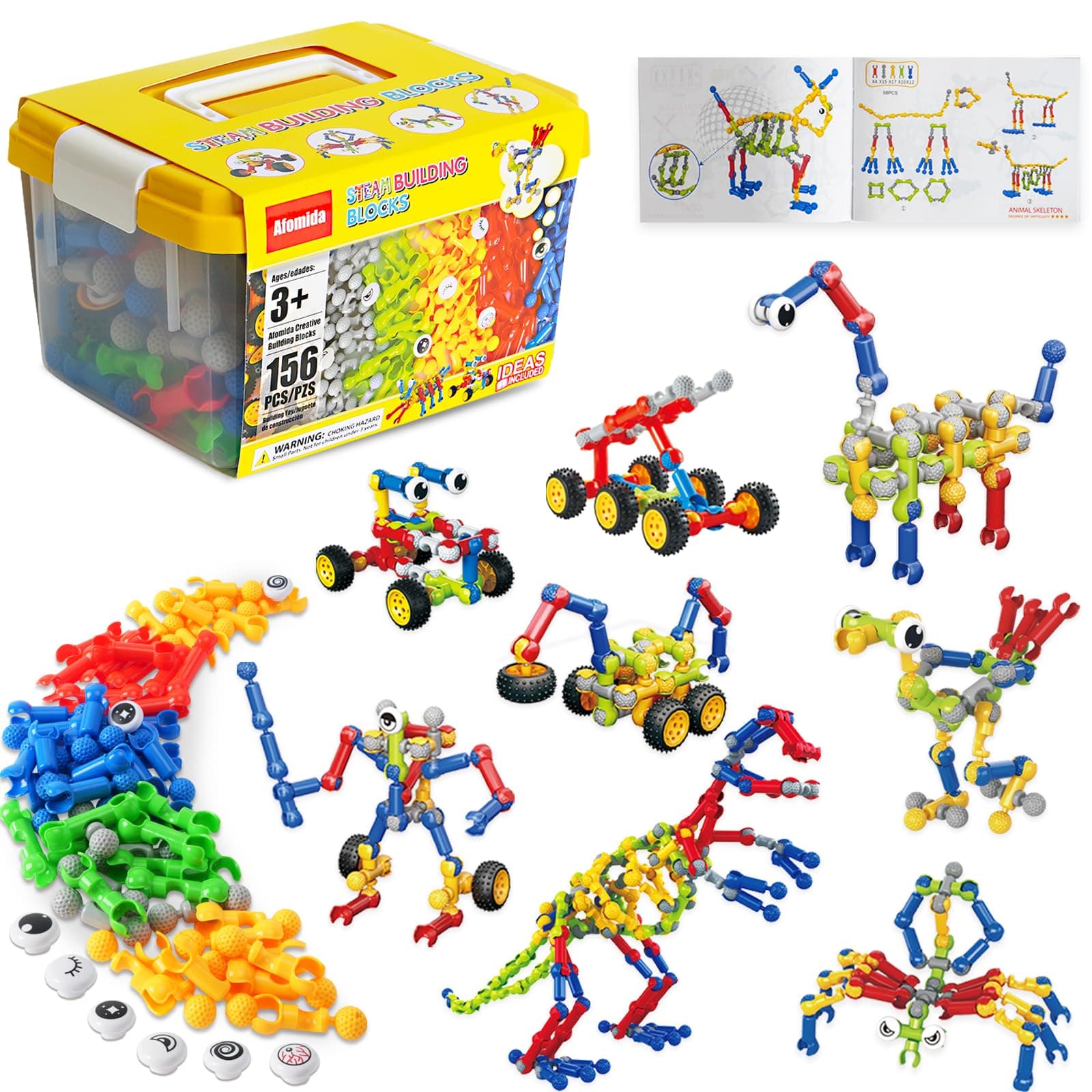 156 PCS Creative Building Blocks Building Toy Set - Featuring Storage, Includes Dinosaur, Robot, Car, Spider, Dog, Animal Figure Building Toy Playset for Kids, Birthday Gift Ages 3+ (2)
