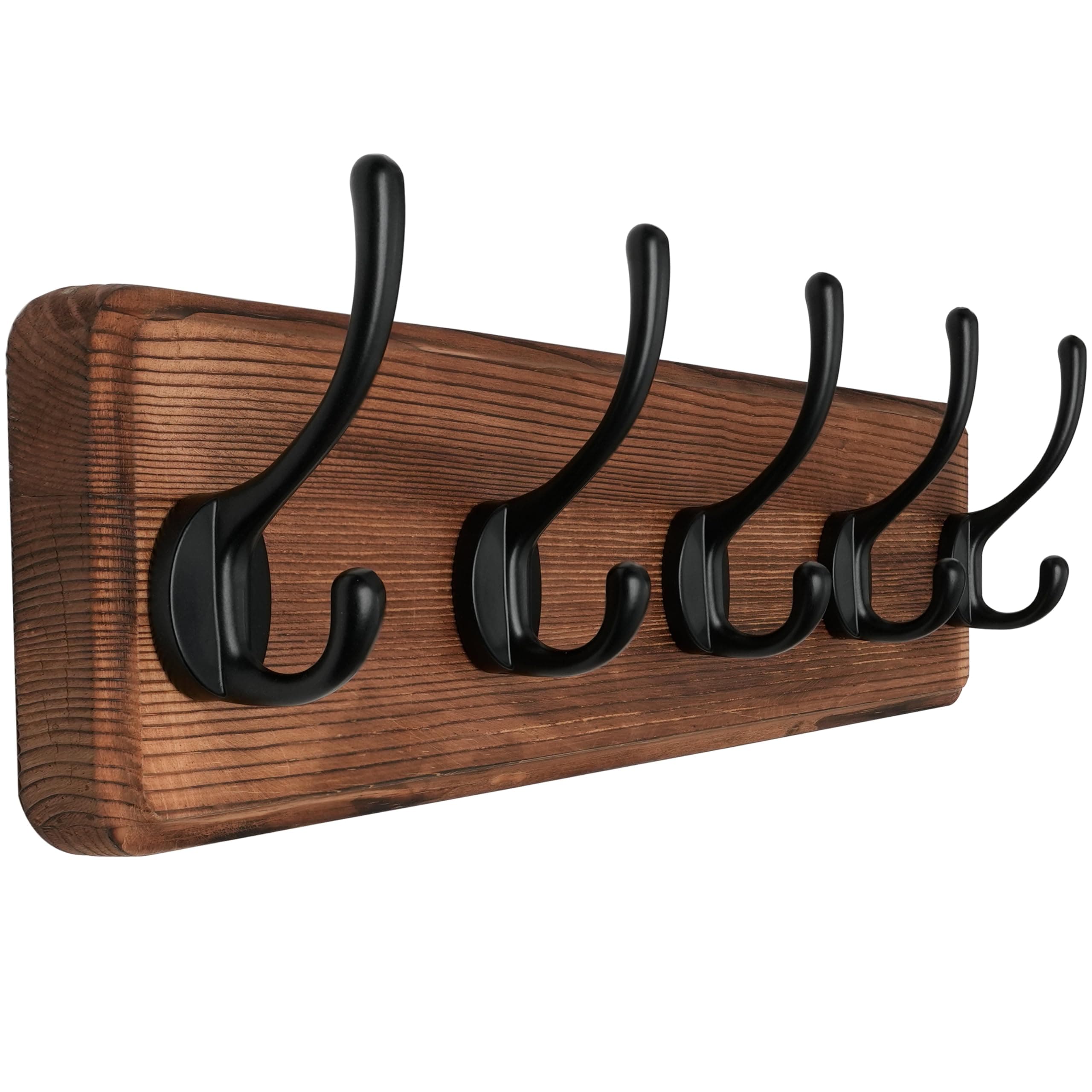 SKOLOO Rustic Wall Mounted Coat Rack with 16 Inch Mounting Hole Distance, Pine Solid Wood Coat Hook Hanger - 5 Hooks for Hanging Clothes Robes Towels Coats