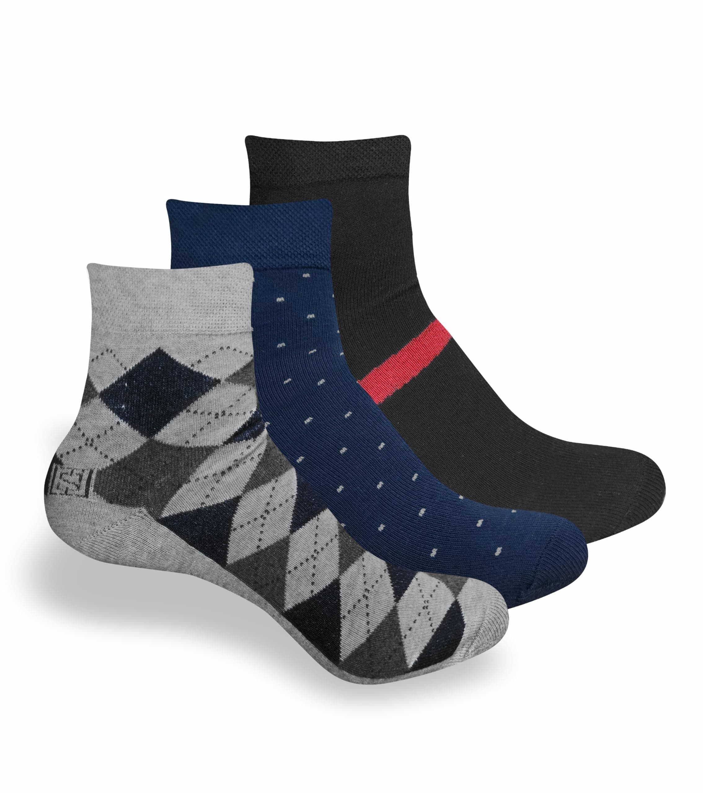 i'sol 100% Cotton Compact Combed Socks for Men | Ankle Length | Formal Wear Socks | Breathable | Arch & Compression Support | Free Size | Pack of 3 (Black,Grey,Navy Blue)