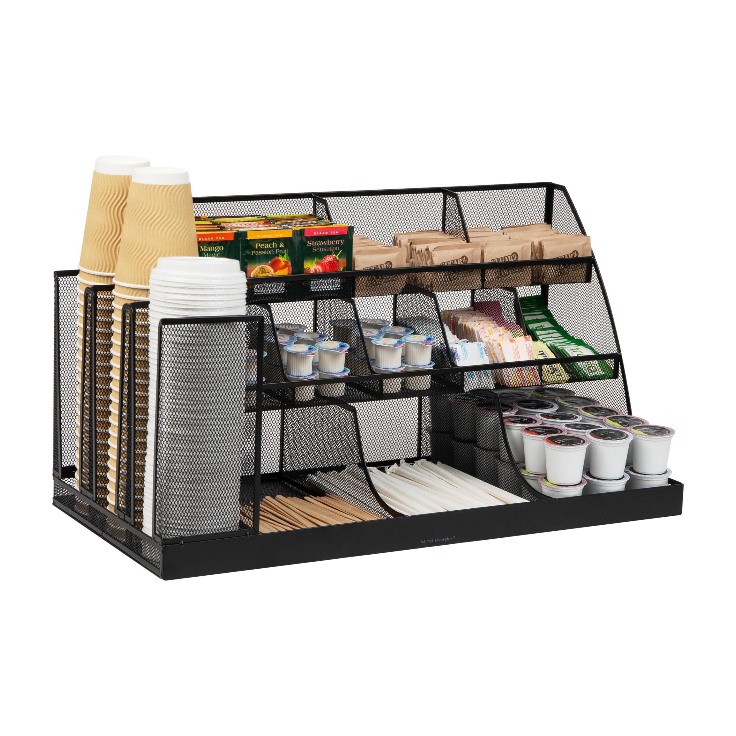 CMG2MESH-BLK 14-Compartment Coffee Cup and Condiment Countertop Organizer, Metal Mesh, 23.75" L x 11.5" W x 12.5" H, Black