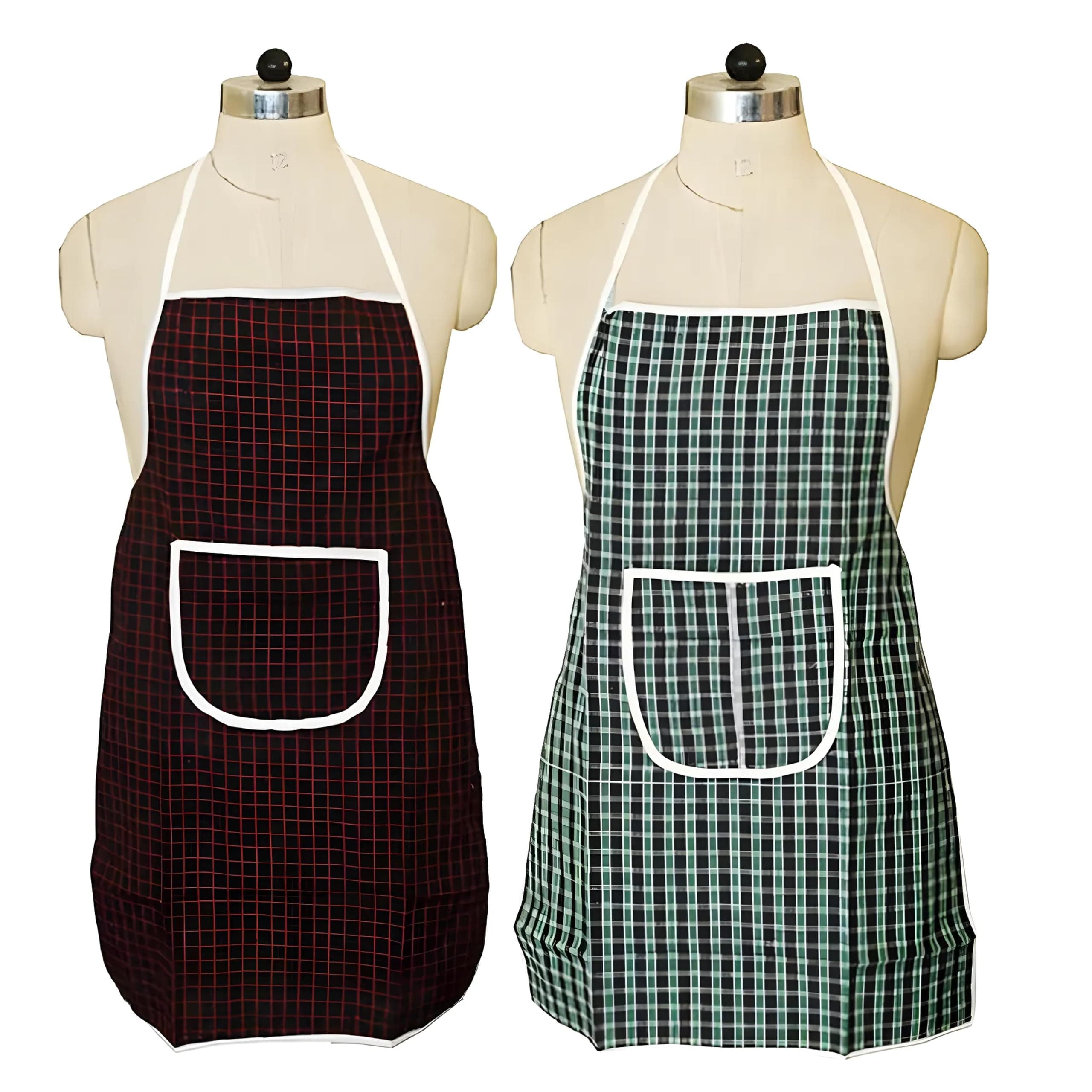 Amazon Brand - Solimo Cotton Apron with Front Pocket | Adjustable Neck Strap & Waist Belt | Unisex Size Standard (Pack of 2) | Checkered Design (Multicolour)