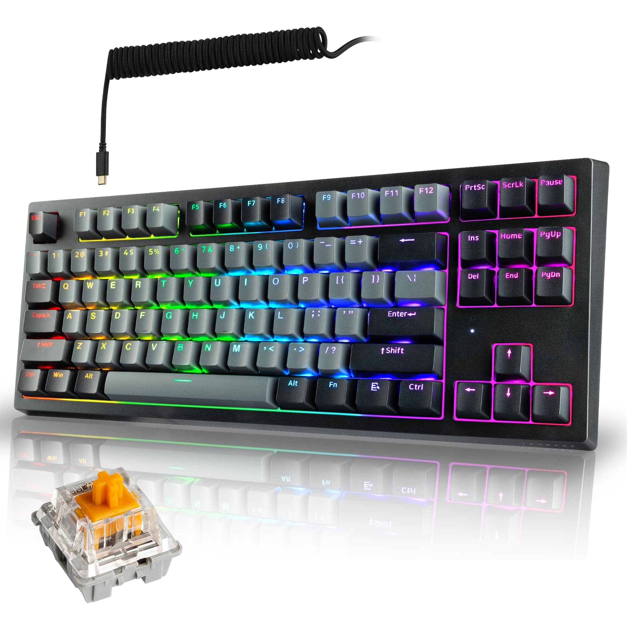 TECWARE ELITE Phantom+ 87-Key RGB Wireless / BT5.0 Mechanical Keyboard (Black) Wraith Orange Switch (Prelubed, 45g Tactile) Per Key Color and Lighting