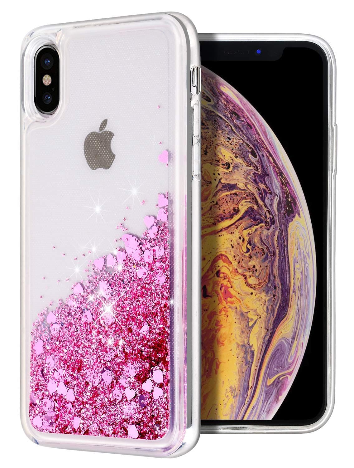 for iPhone Xs Max Case, WORLDMOM Double Layer Design Bling Flowing Liquid Floating Sparkle Glitter Waterfall TPU Protective Phone Case for Apple iPhone Xs Max [6.5 Inch 2018], Rose Gold