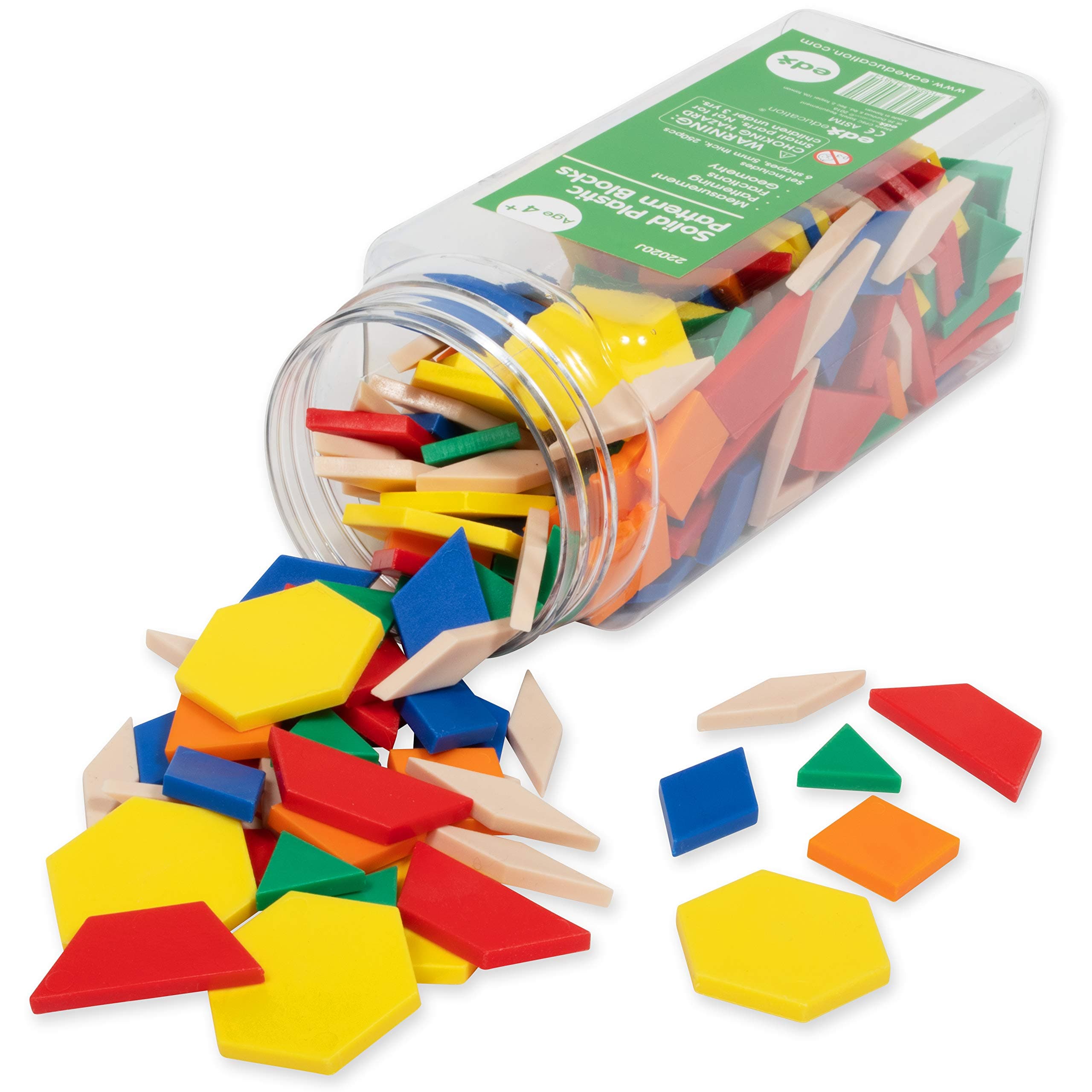 edxeducation Plastic Pattern Blocks | Set of 250 | Math Manipulative for Fractions, Symmetry, Patterning and Creativity | Math Supplies for Classroom