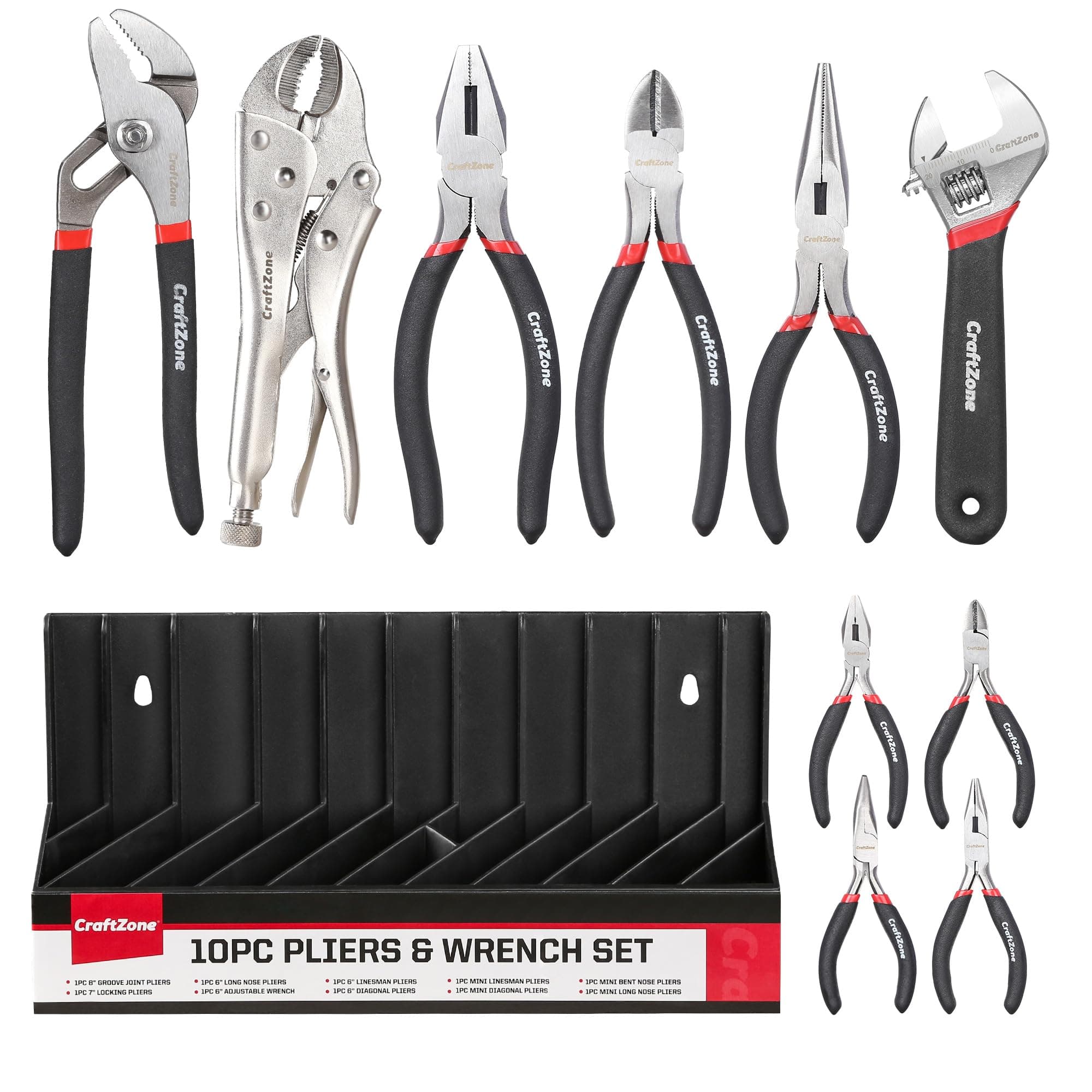 - 10PC Pliers and Wrench Set with Storage Rack – Includes Locking | Long Nose | Diagonal Cutter | Groove Joint | Linesman & Mini Plier, Carbon Steel Tool Kit for DIY and Home a Gift for Man