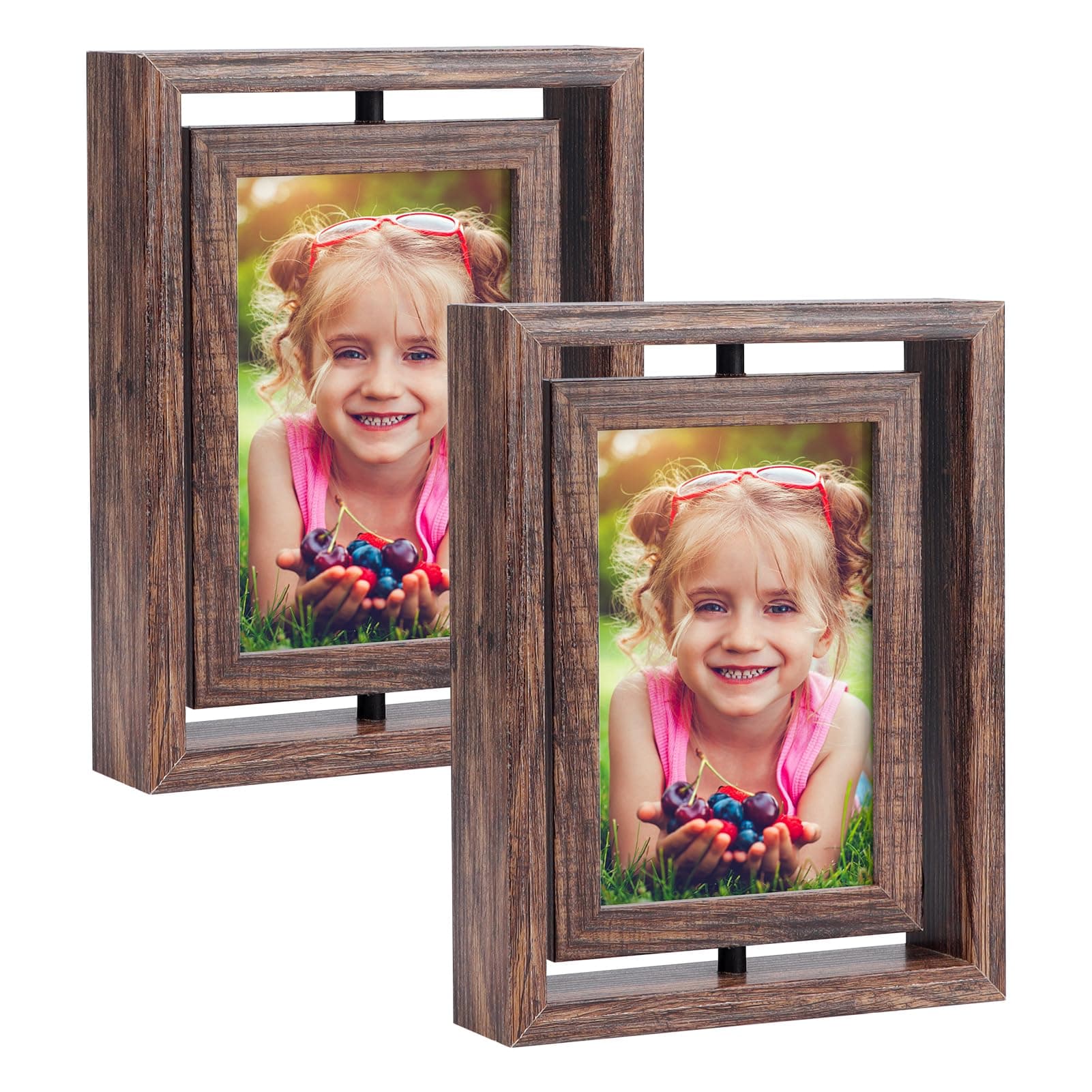EXYGLO 2 Pack 4X6 Picture Frames Rotating Floating Photo Frame Wooden 2 Sided Frames for Vertical or Horizontal Tabletop Display
