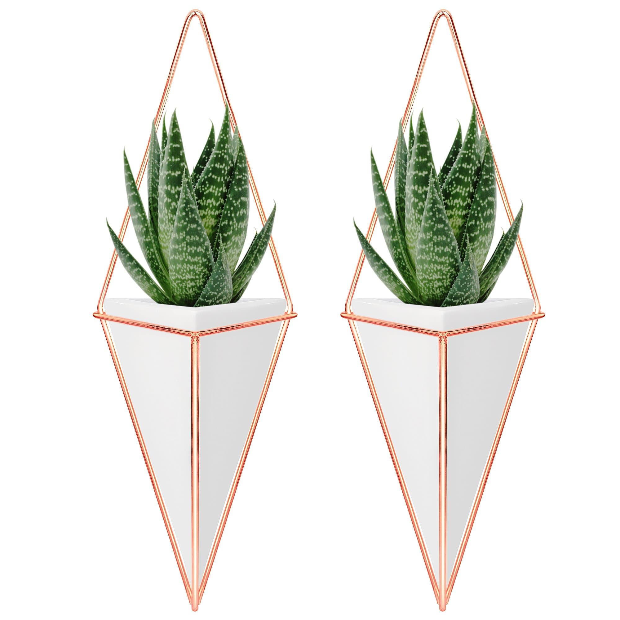 Ceramic Planter Set - 2 Pcs Modern Geometric Hanging Wall Pots - Copper Framed, Mounted Decorative Vases & Container for Indoor Plants & Succulents - for Flowers, Herbs, Vegetables