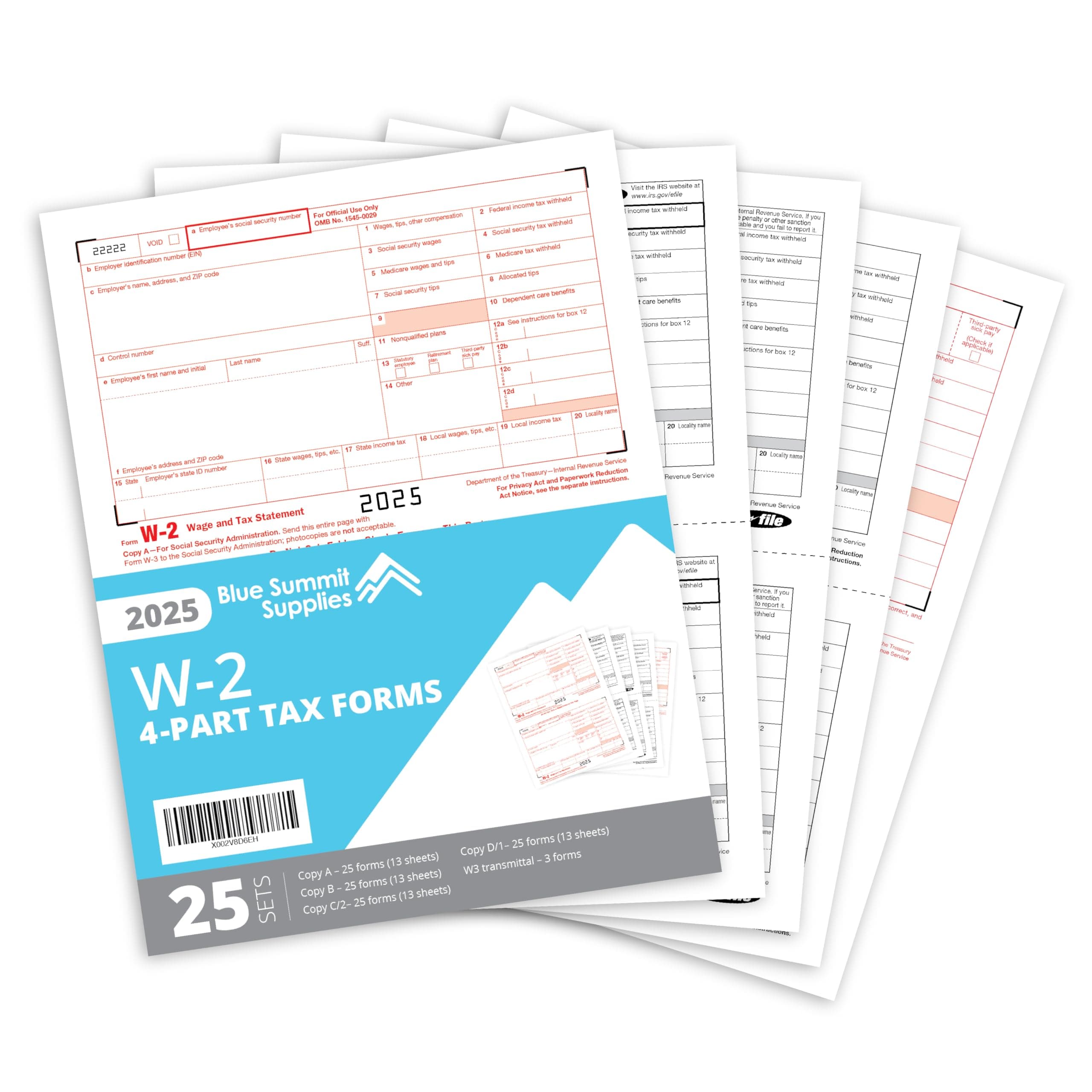 Blue Summit W2 Forms 2025 4 Part, 25 Employee Kit of W-2 Forms 2025 Tax Forms for QuickBooks and Accounting Software, 3 W3 Forms incuded, 25 Pack