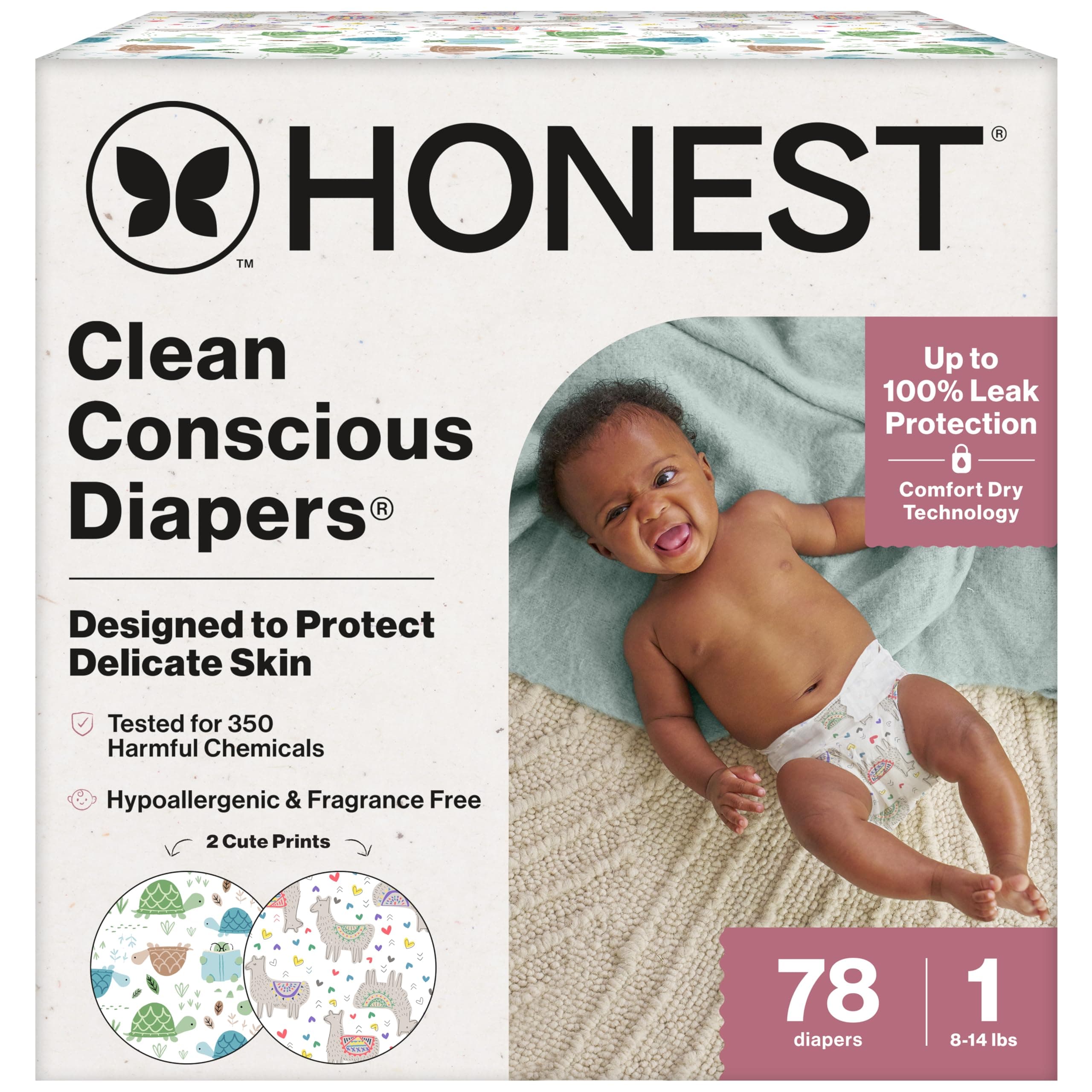 The Honest Company Comfort Dry Disposable Diapers for Sensitive Skin, Hypoallergenic, All The Alpacas + Turtle Time, Club Box Size 1 (8-14 lbs) 78 Count
