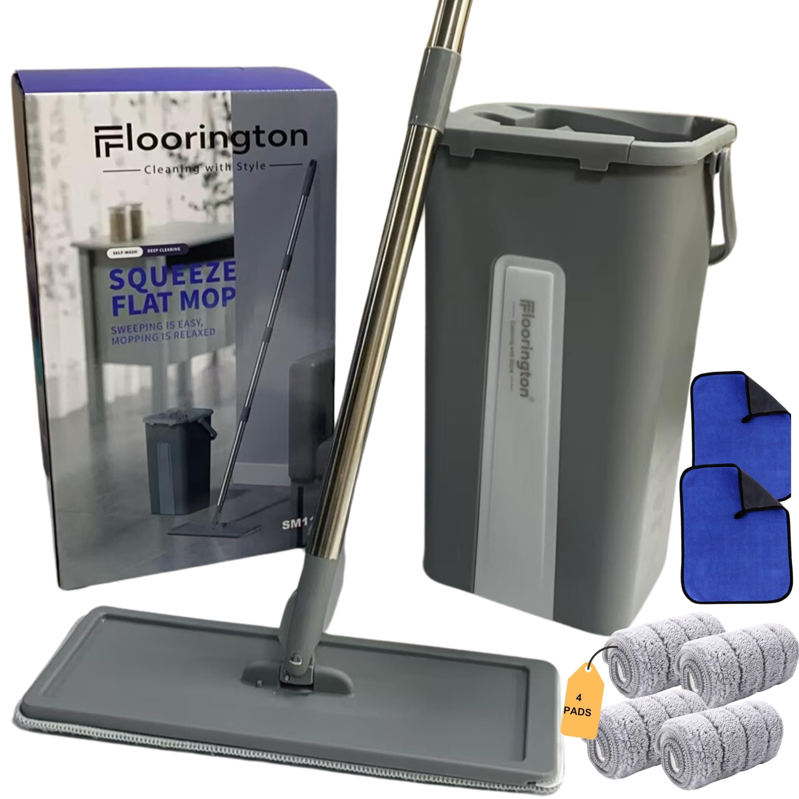 Floor Mop and Bucket Set Easy Flash Speed Mop with Squeeze Bucket Flat Mop for Floor Cleaning Includes 4 Washable Microfiber Pads, 2 Free Cleaning Cloth -SM11