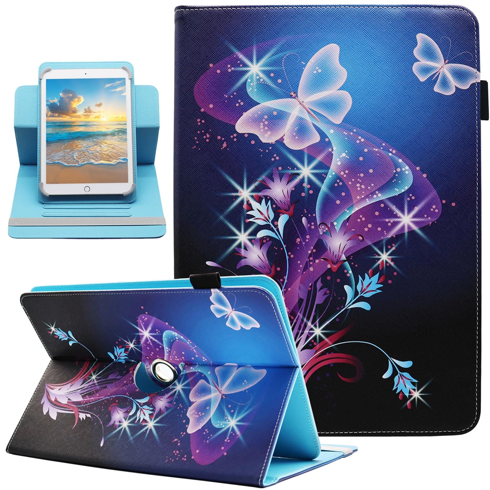 Universal 10 10.1 Inch Android Tablet Case, Dluggs 360 Degree Rotating Multi-Angle Viewing Stand Universal Case Cover for 10 10.1 and All 9.5-10.5 Inch Tablet, Shiny Butterfly