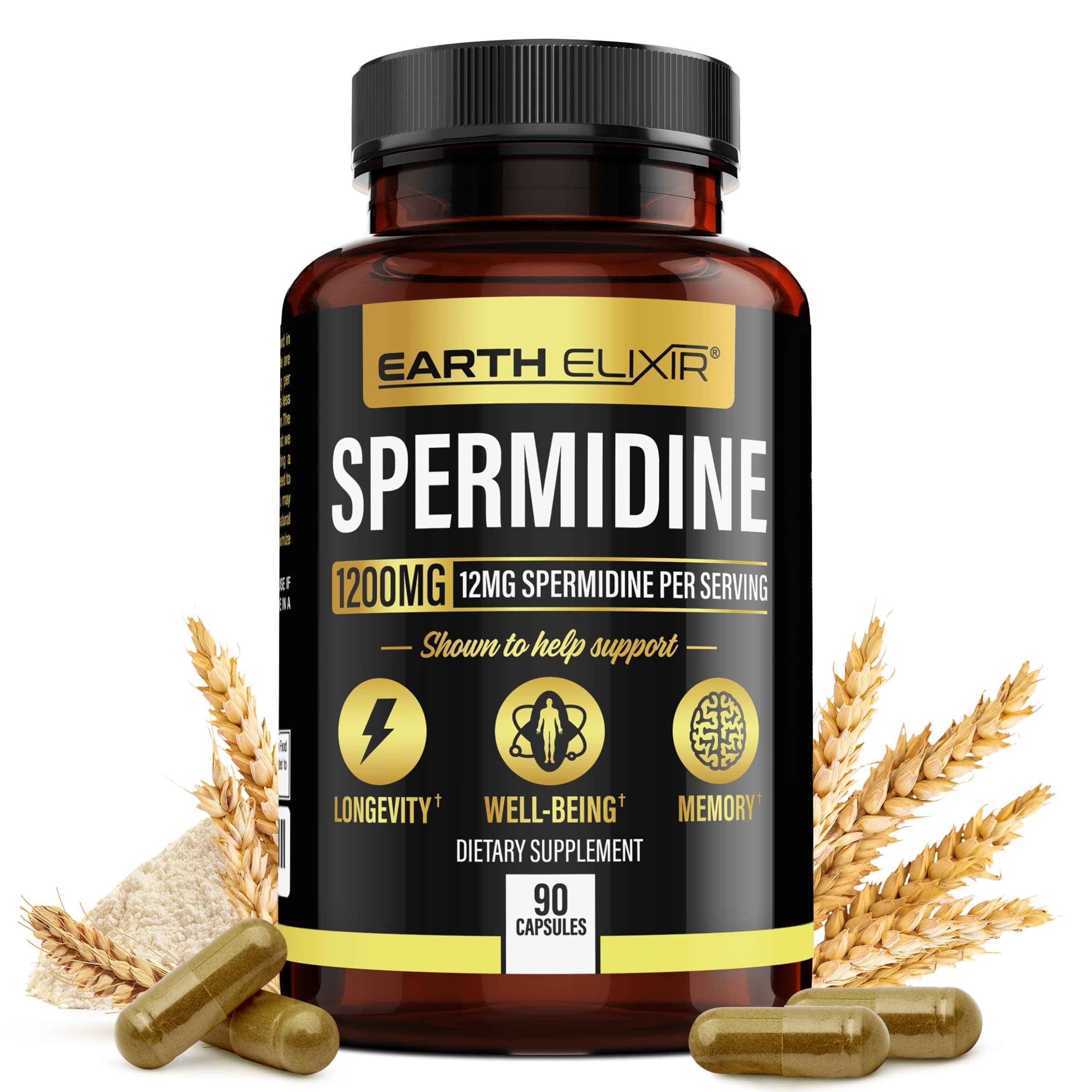 Earth Elixir Spermidine Supplements 1200mg (90 Capsules) – Anti Aging - 3rd Party Tested (12mg Spermidine Powder) Max Purity - 100% Pure Espermidina- Fermented Wheat Germ Extract - NMN Alternative