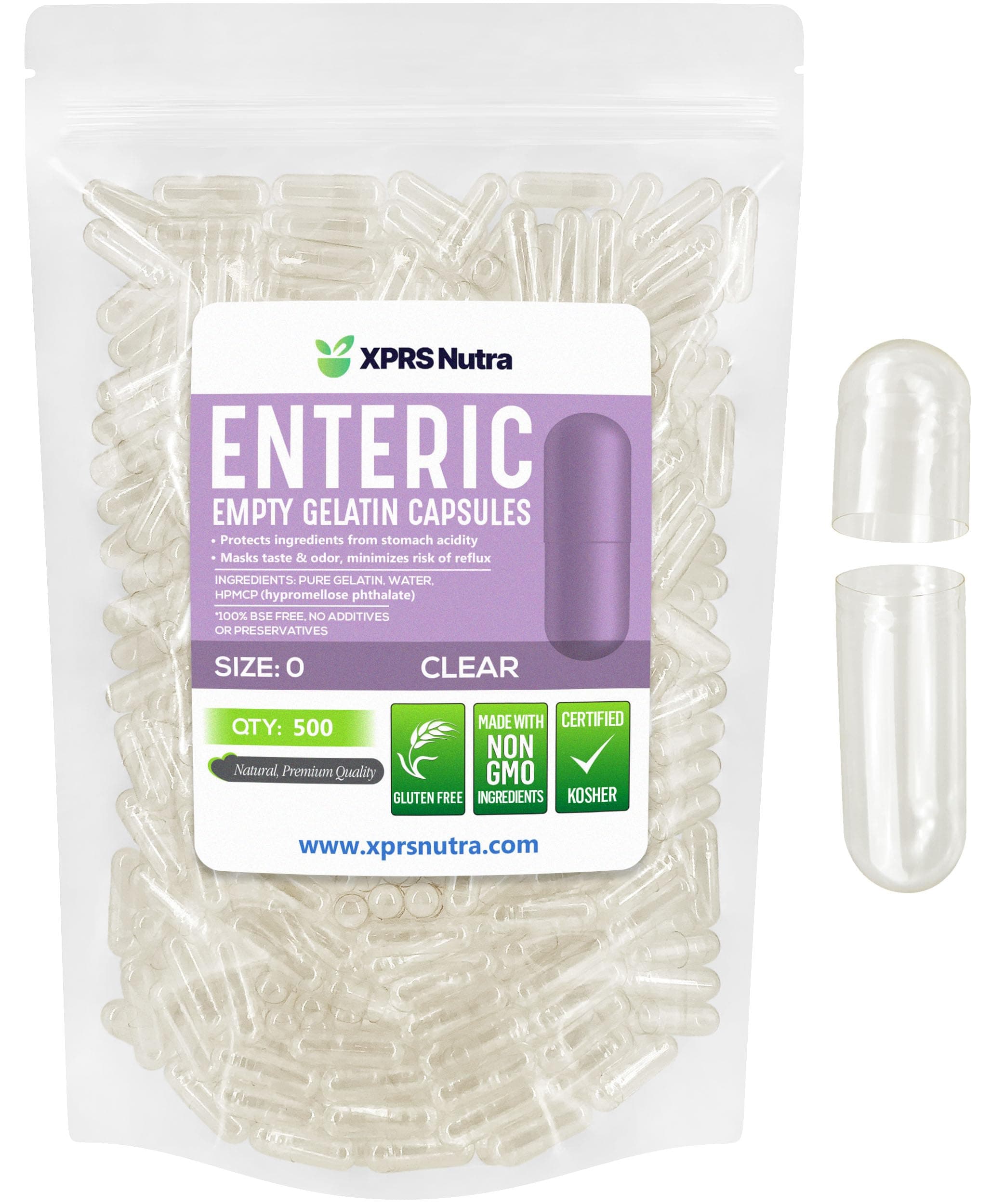 XPRS Nutra Size 0 Empty Capsules - 500 Count Clear Enteric Coated Gelatin Capsules - Delayed Release Pills - DIY Capsule Filling - Pure Bovine Enteric Gel Caps