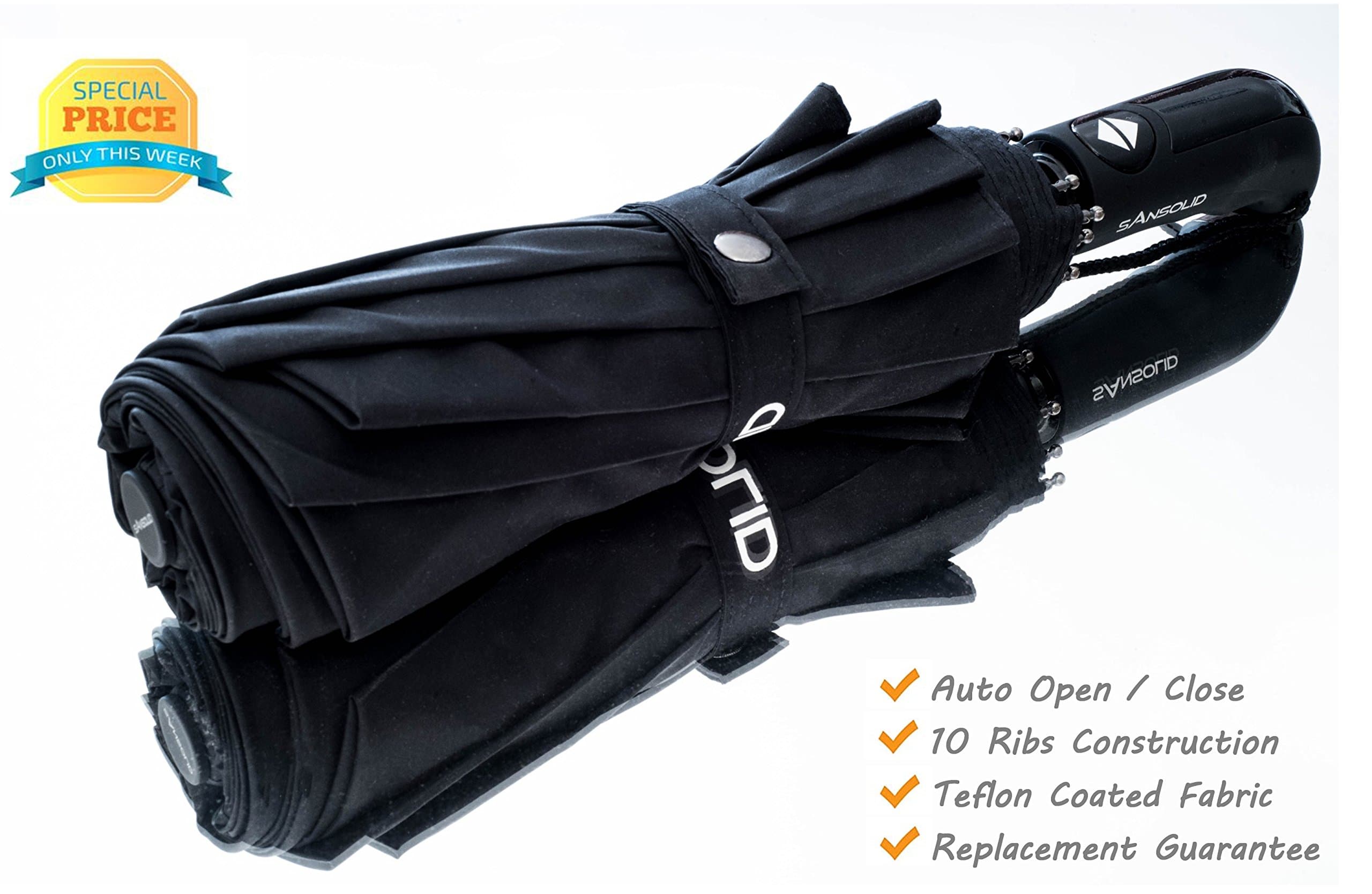 SANSOLID Folding Auto Windproof Umbrella with Teflon Coating, Ergonomic Handle & Wrist Band. Quality - 10 Ribs for Extra Strength. Lightweight & Compact. Travel for Men & Women in Stylish Black
