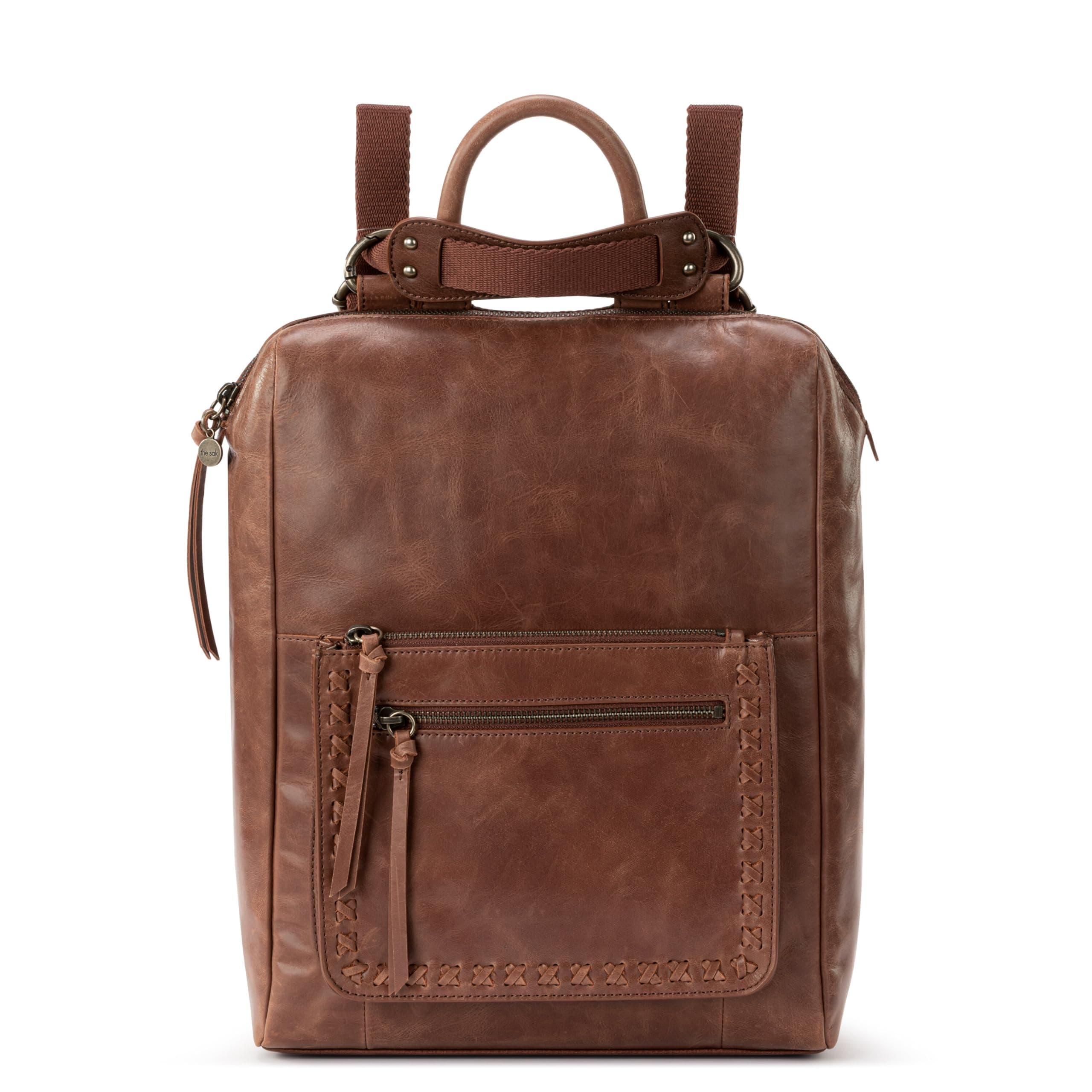 Loyola Backpack in Leather, Adjustable Convertible Strap, Teak