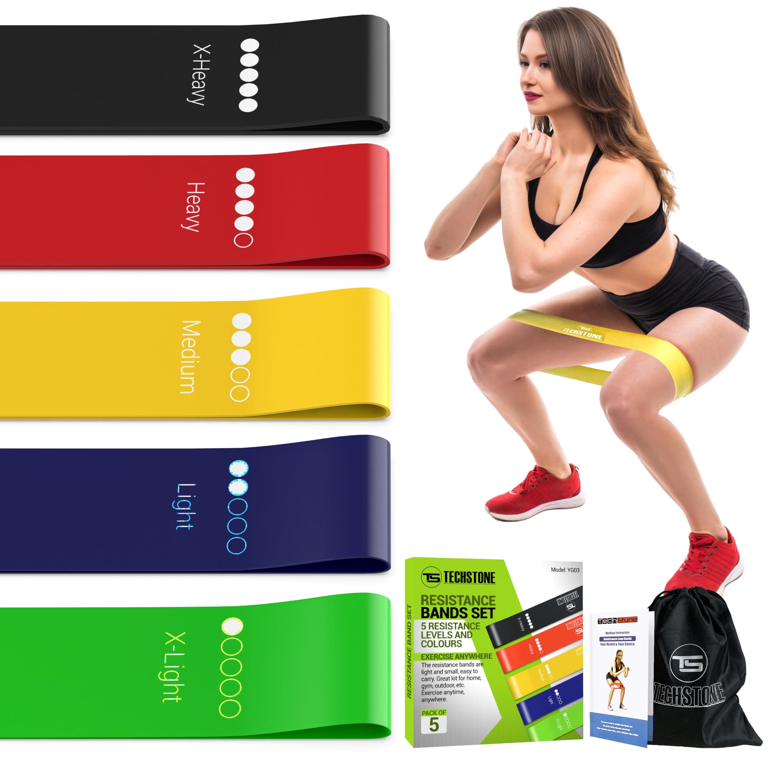 Resistance Bands Set – 5 Levels Loop Exercise Bands for Men & Women, Elastic Workout Bands for Home Gym, Training, Yoga & Fitness, Carry Bag Included