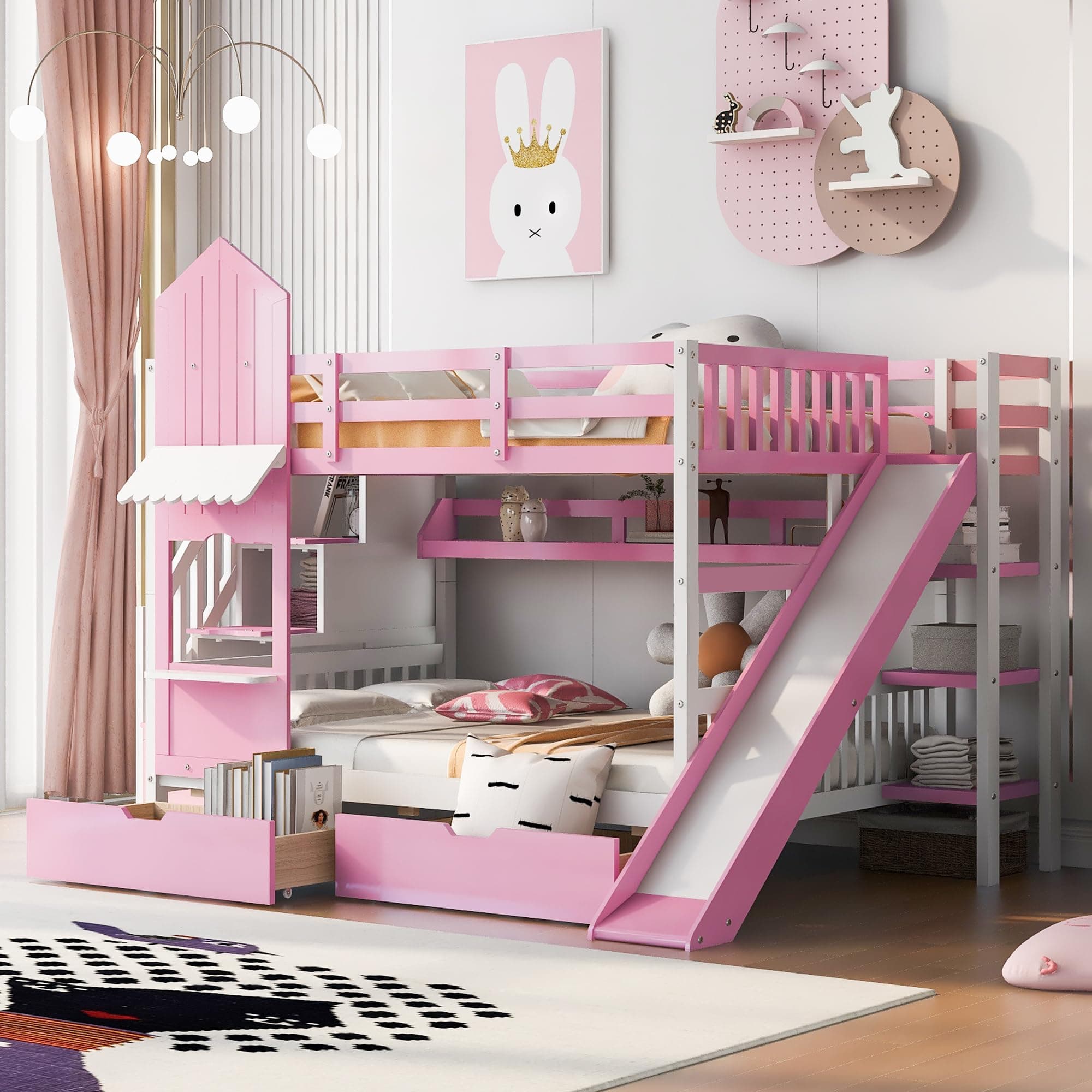 Full-Over-Full Bunk Beds Castle Style Bunk Bed with 2 Drawers 3 Shelves and Slide - Pink