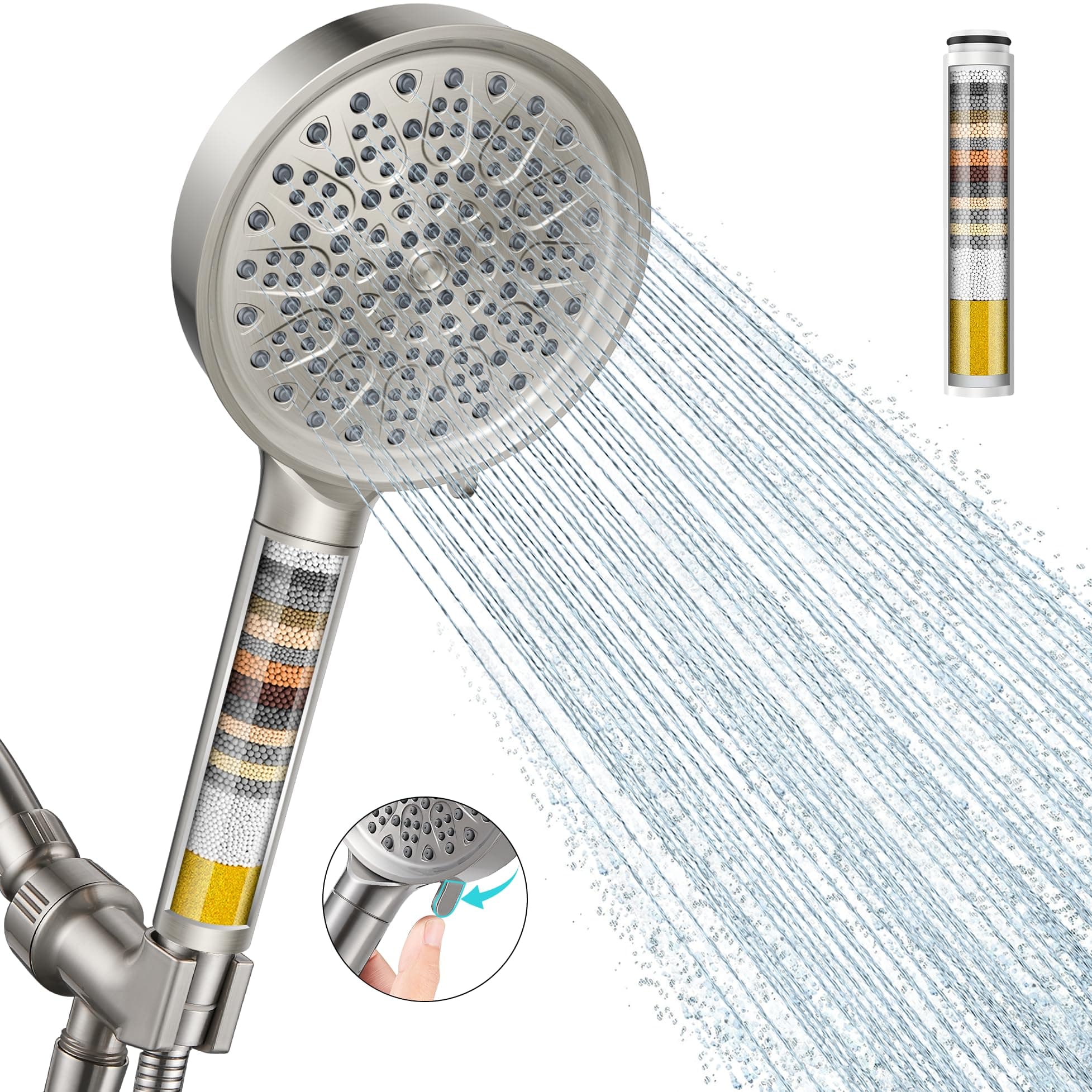 Cobbe Handheld Shower Head with Filter, 6 Spray Modes, Water Softener Filters - Remove Chlorine, Reduce Dry Skin - Brushed Nickel