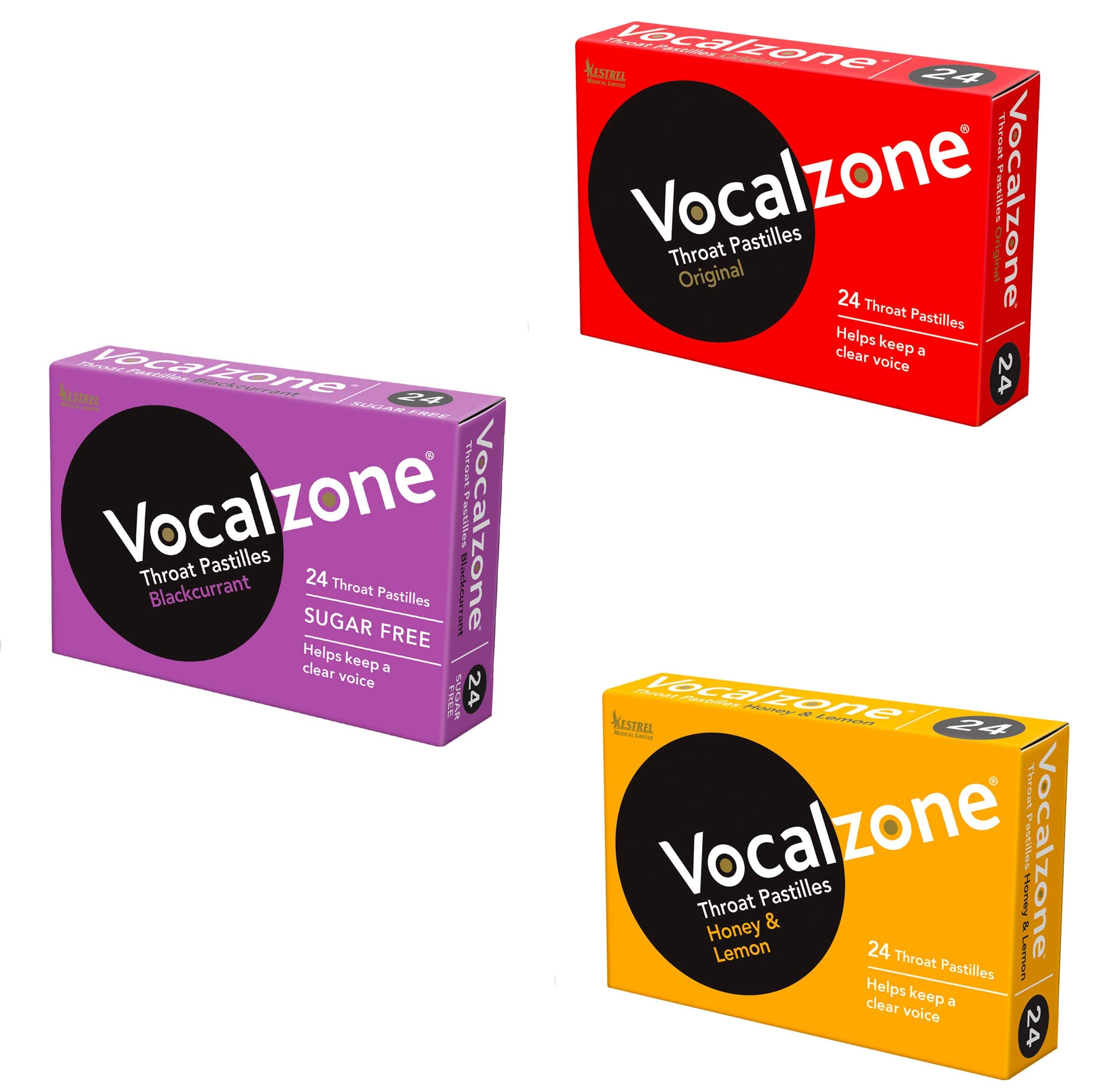 Vocalzone Pastilles 3 Flavour Bundle. for Hard Working Voices. Multi-Pack (3 x 24) Including Honey & Lemon, Blackcurrant & Original.