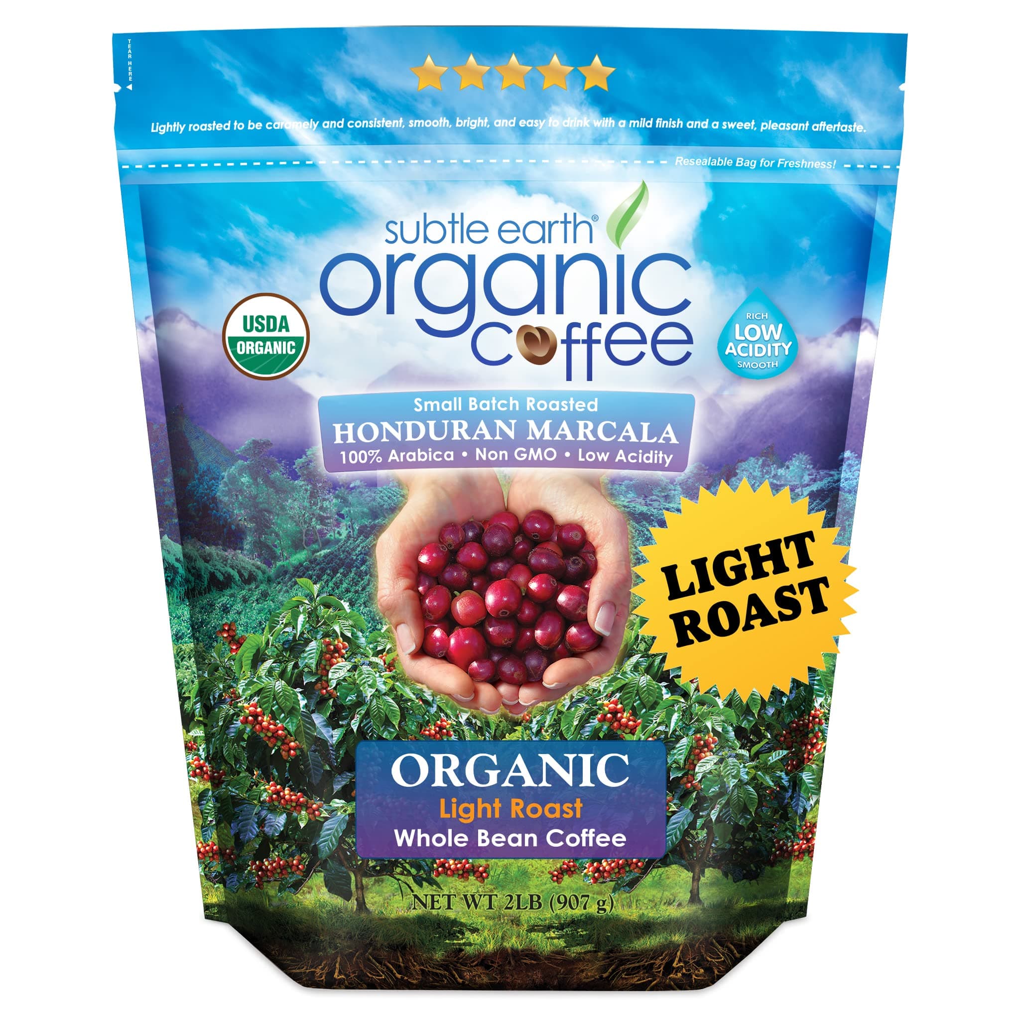 2LB Subtle Earth Organic Coffee - Light Roast - Whole Bean Coffee - 100% Arabica Beans - Low Acidity and Non-GMO - 2lb bag