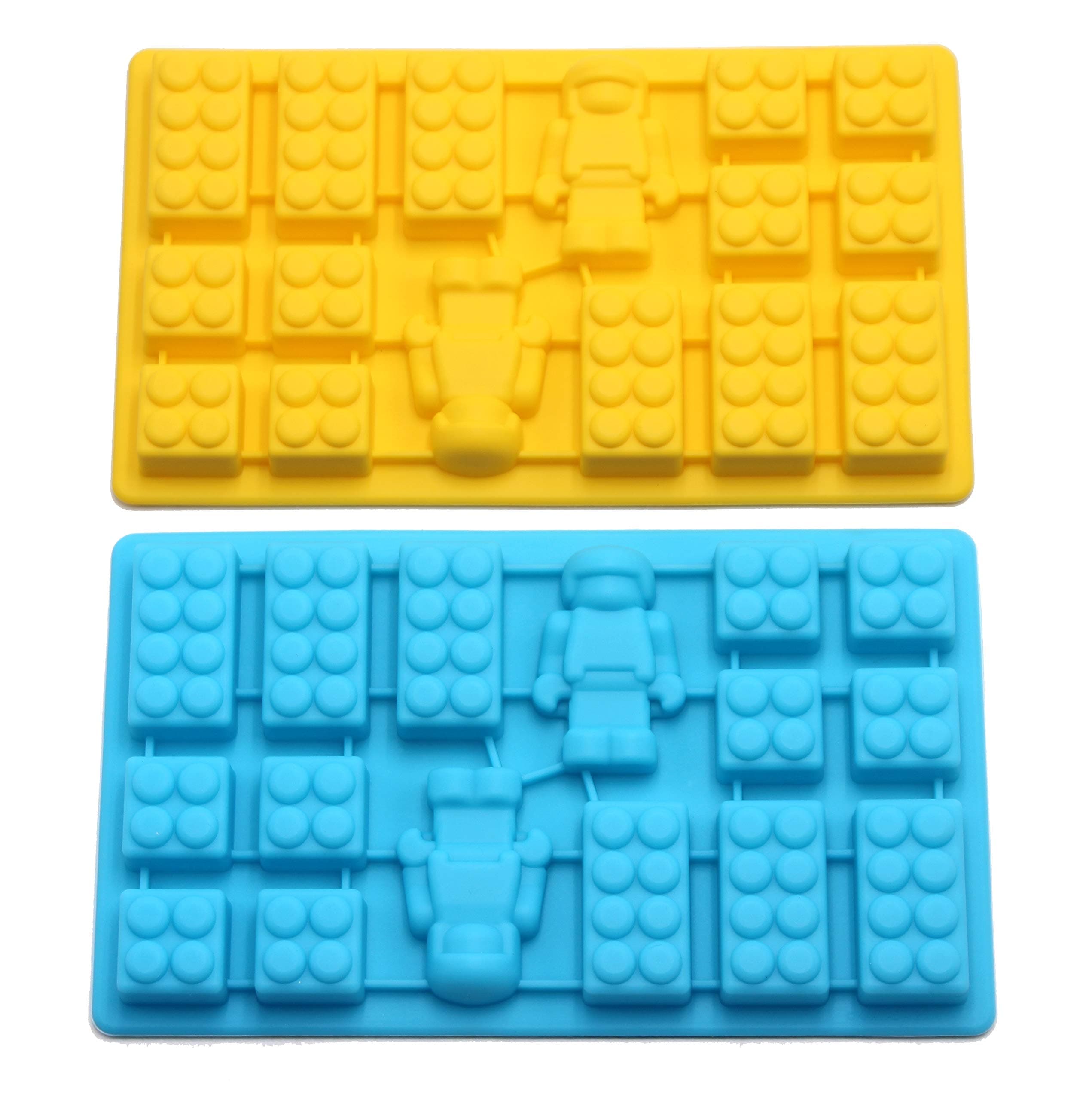 Minifigure Multi Building Bricks Ice Cube Trays & Candy Chocolate Molds for Melted Chocolate & Crayons - Birthday Day or Party Favors - Set of 2, Much Fun for Robot Lovers(Blue & Yellow)
