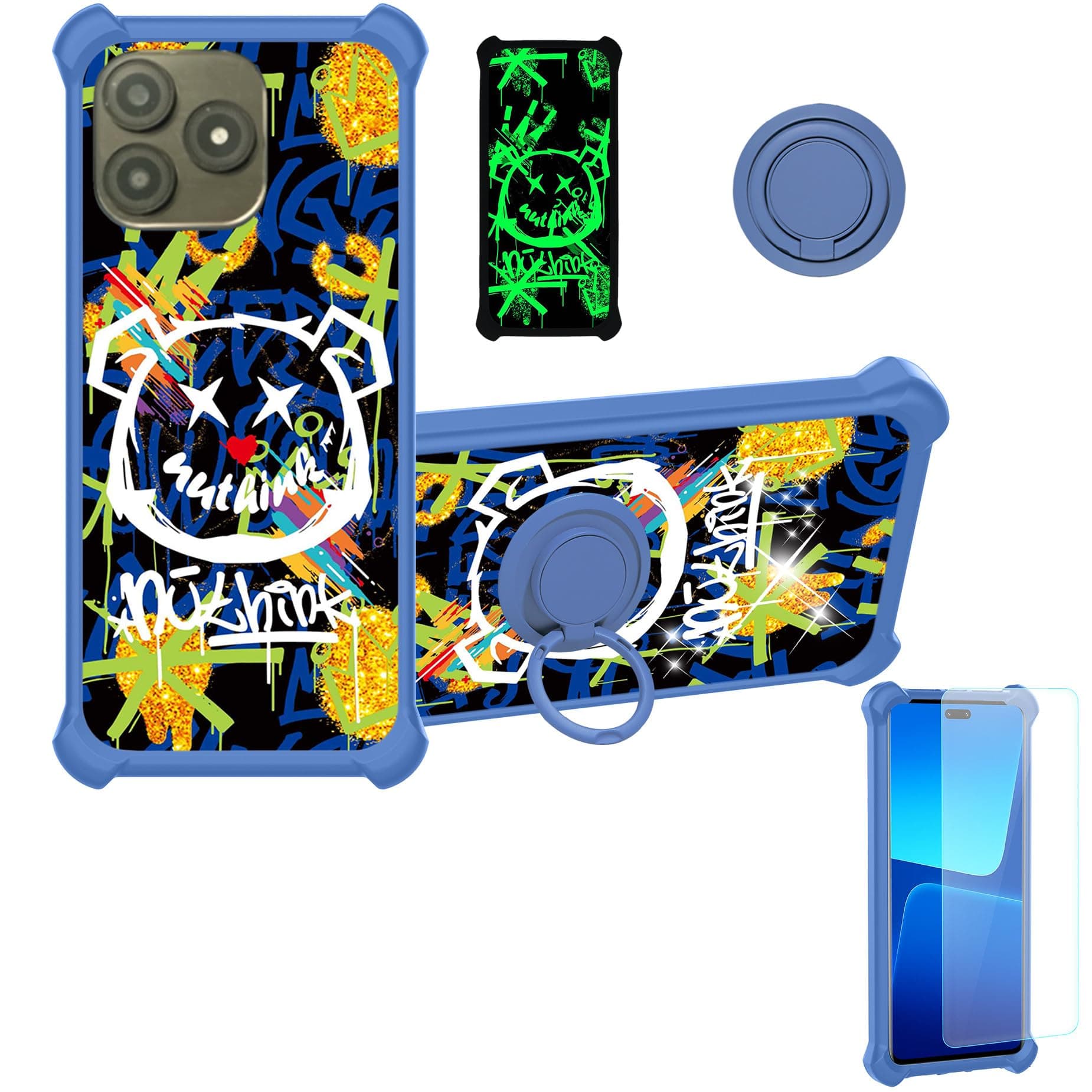 Foxx A65 Case Compatible for Foxx FOXXD A65 Phone Case Cover [with Tempered Glass Screen Protector][Hard PC + Soft Silicone][Ring Support] [Gold Glitter+Luminous] JSL-TYX