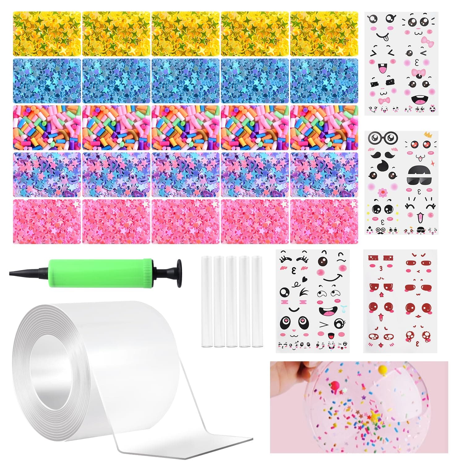 Nano Tape Bubbles Kit，Plastic Bubbles Balloon，Double Sided Super Elastic Bubble Plastic with DIY Sequin Stickers for Party