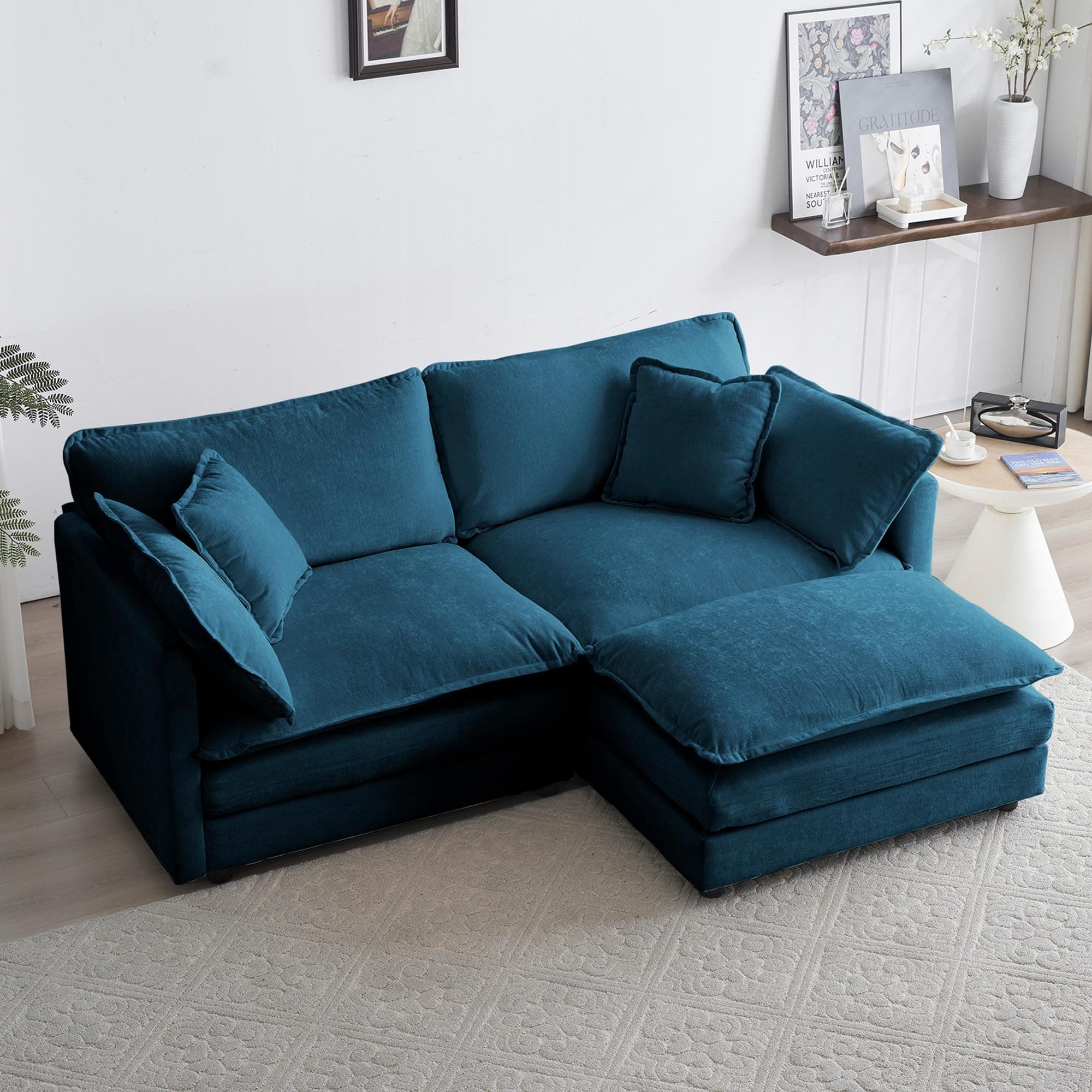GNIXUU Deep Seat Sectional Sofa Cloud Couch with Ottoman, 76.7" Modern Chenille Comfy Upholstered Modular Sofa L Shaped Couch for Living Room, Apartment, Studio, Office(Blue).