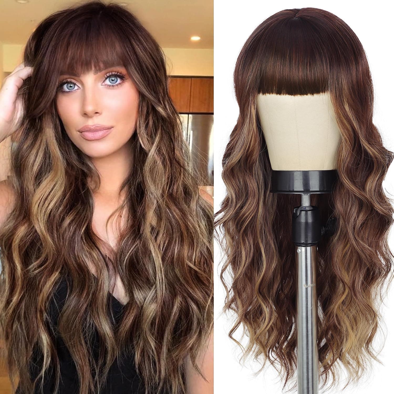 Lativ Brown Wig With Bangs Long Wavy Brown Mixed Blonde Highlight Wig with Dark Roots Ombre Natural Curly Synthetic Resistant Fiber Wigs for Women Daily Party Use 26 Inches