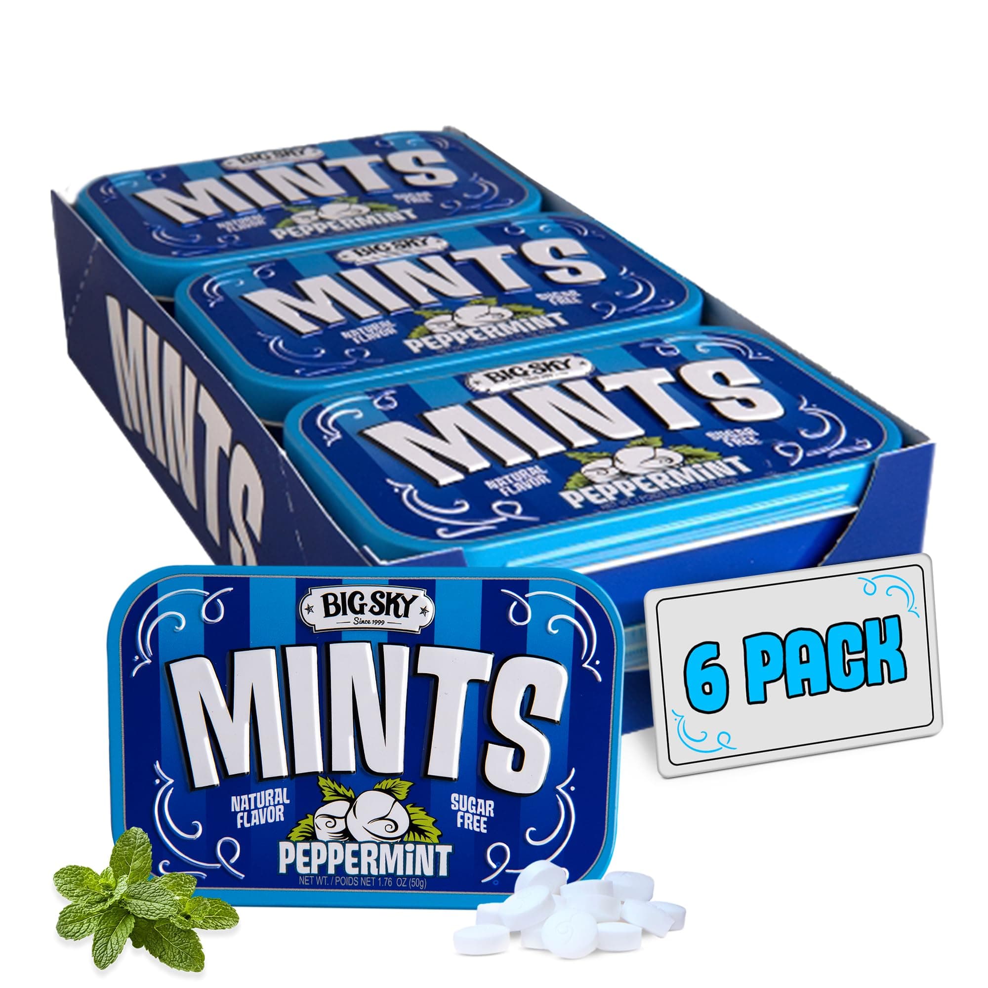 Big Sky Sugar Free Peppermint Mints - 50 Count Tin (Pack of 6) | Kosher Certified, Vegan Peppermint Candy | Aspartame & Gluten Free | Natural Breath Mints for Travel & Sharing, Long Lasting Freshness